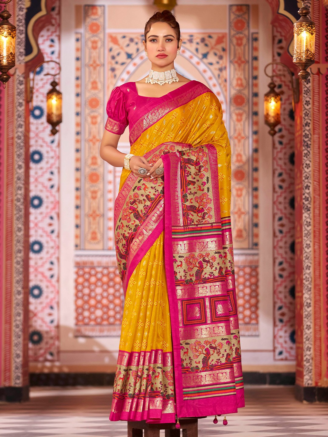

Divyadham Textiles Floral Printed Zari Pure Silk Banarasi Saree, Yellow