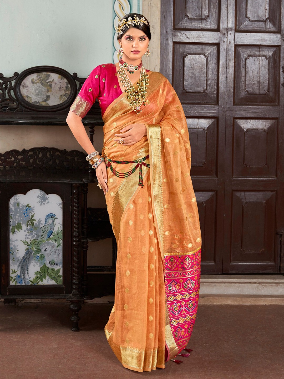 

Divyadham Textiles Ethnic Motifs Zari Pure Cotton Banarasi Saree, Orange