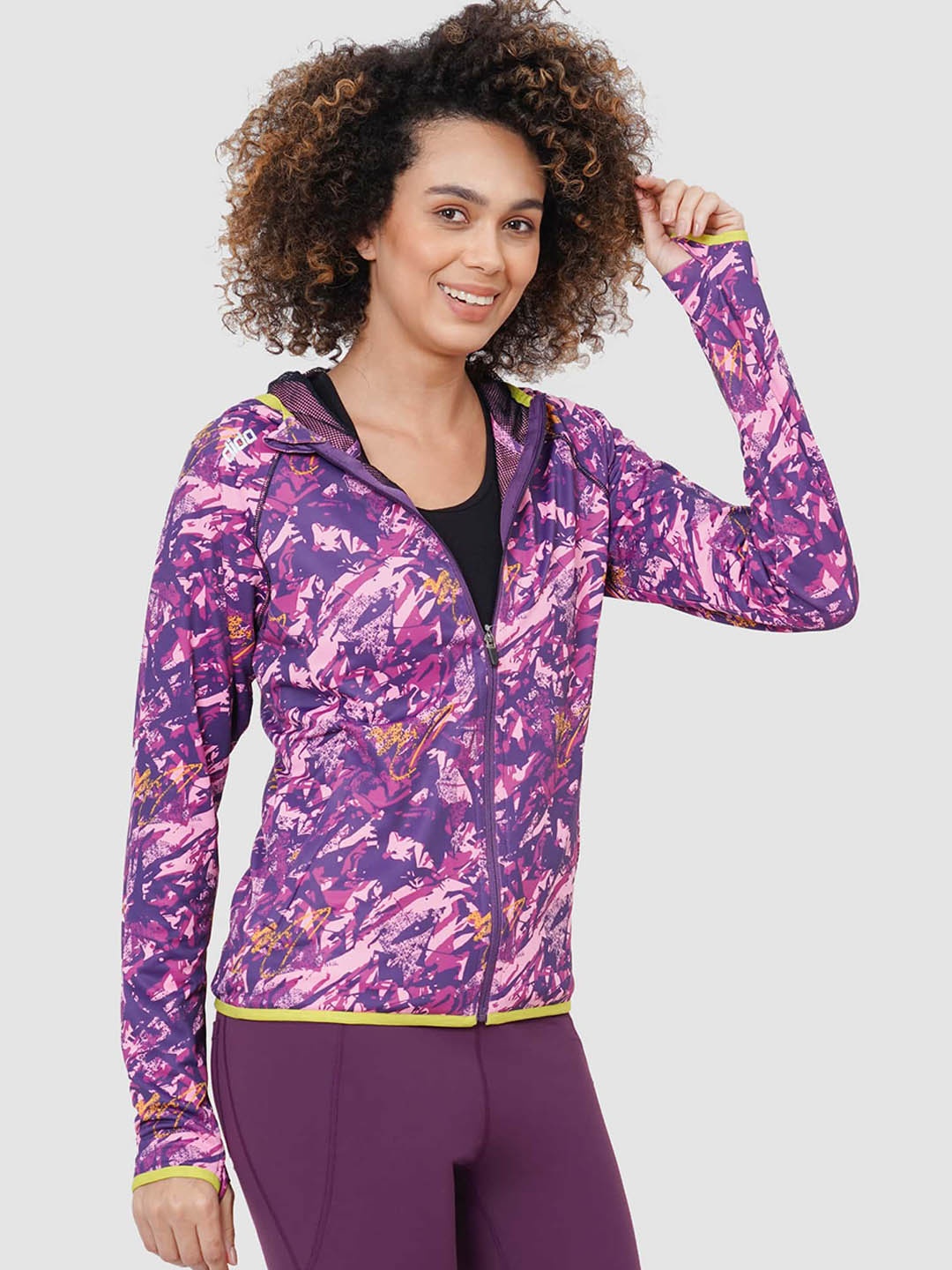 

DIDA Abstract Printed Hooded Long Sleeves Lightweight Dry Fit Training Sporty Jacket, Purple
