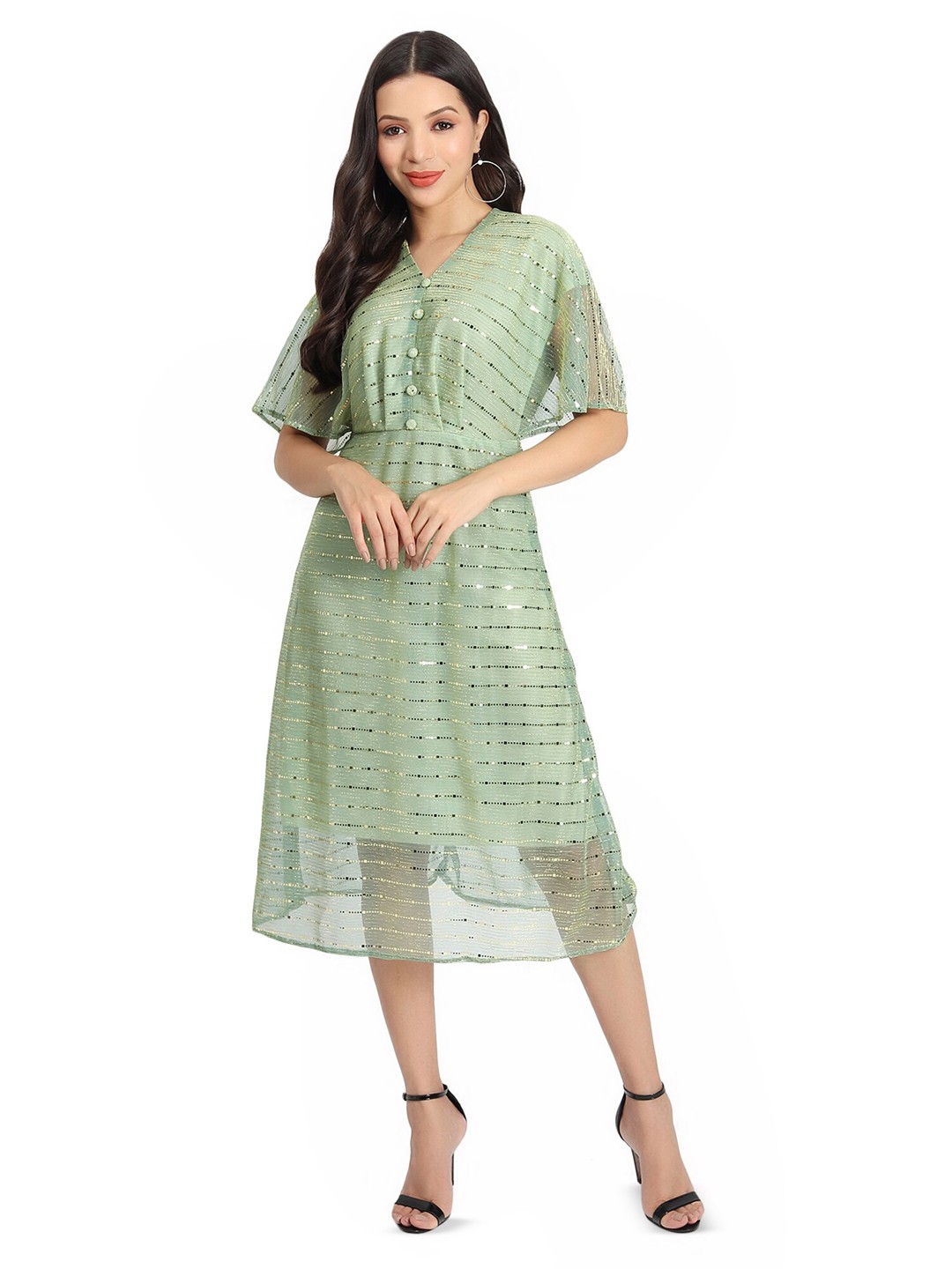 

BAESD Embellished V-Neck Short Sleeves A-Line Midi Dress, Green