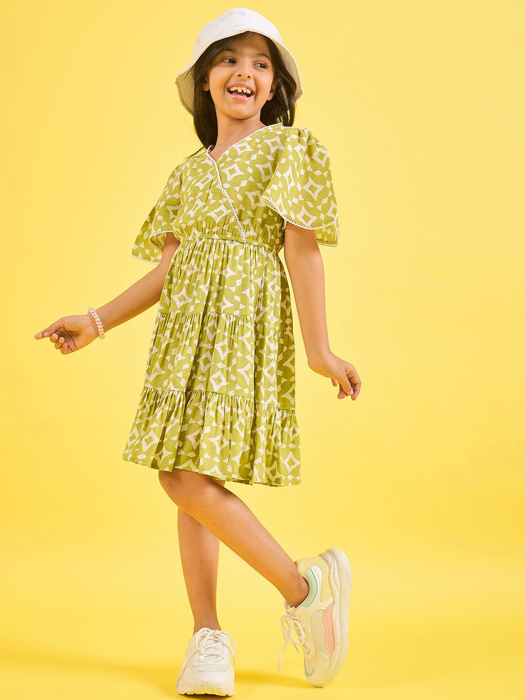 

Stylo Bug Girls Conversational Printed Flared Sleeves Tiered Fit & Flare Dress, Lime green