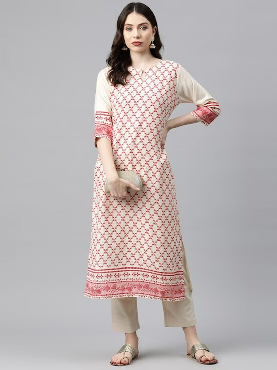 

KALINI Ethnic Motifs Printed Notch Neck Straight Kurta, Cream