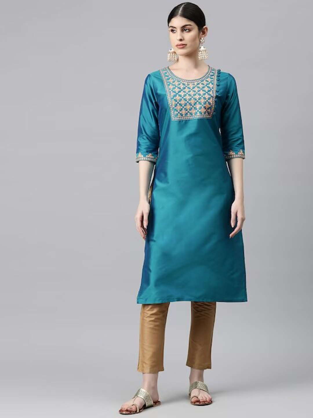 

KALINI Geometric Embroidered Mirror Work Round Neck Straight Kurta, Blue