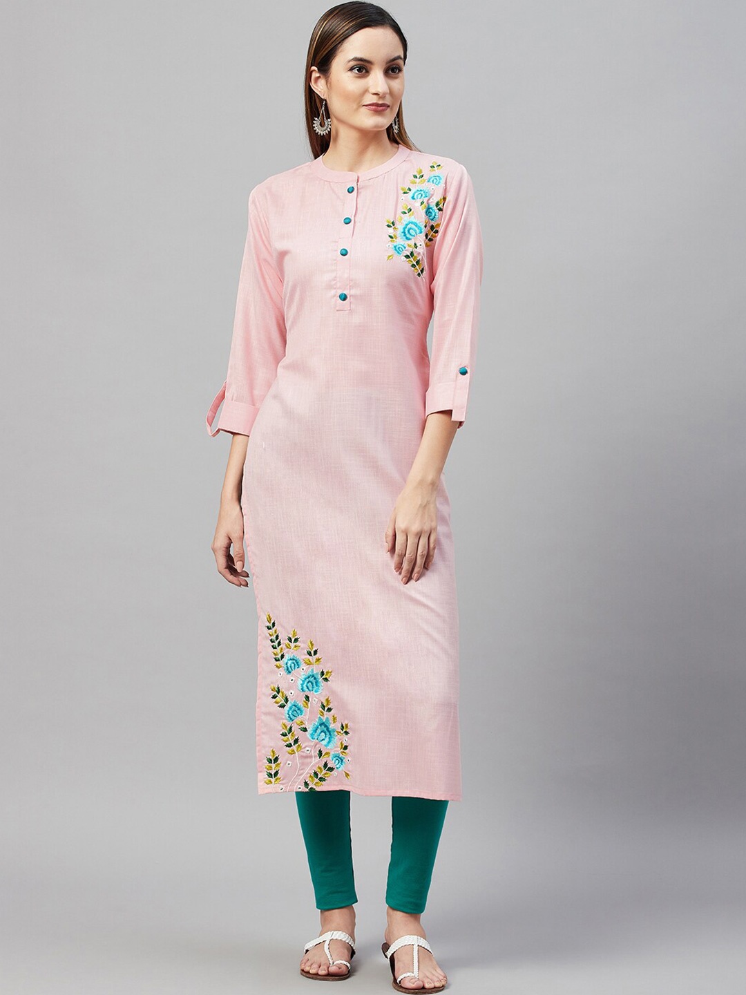 

KALINI Mandarin Collar Embroidered Straight Kurta, Pink