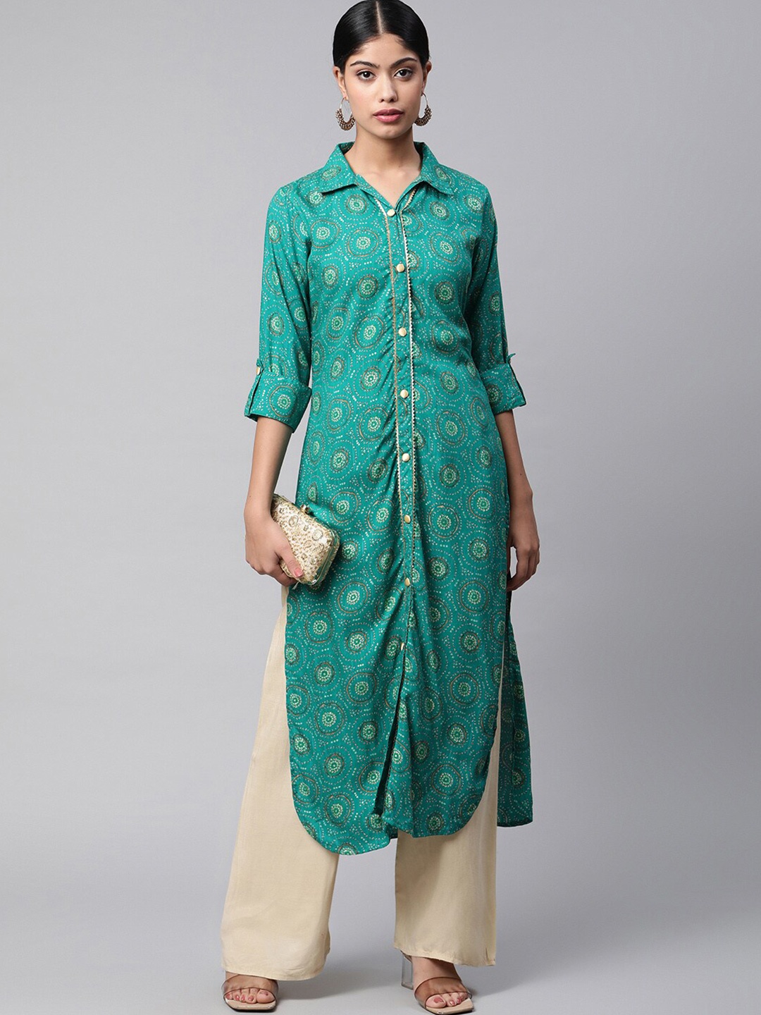 

KALINI Printed Straight Kurta, Green