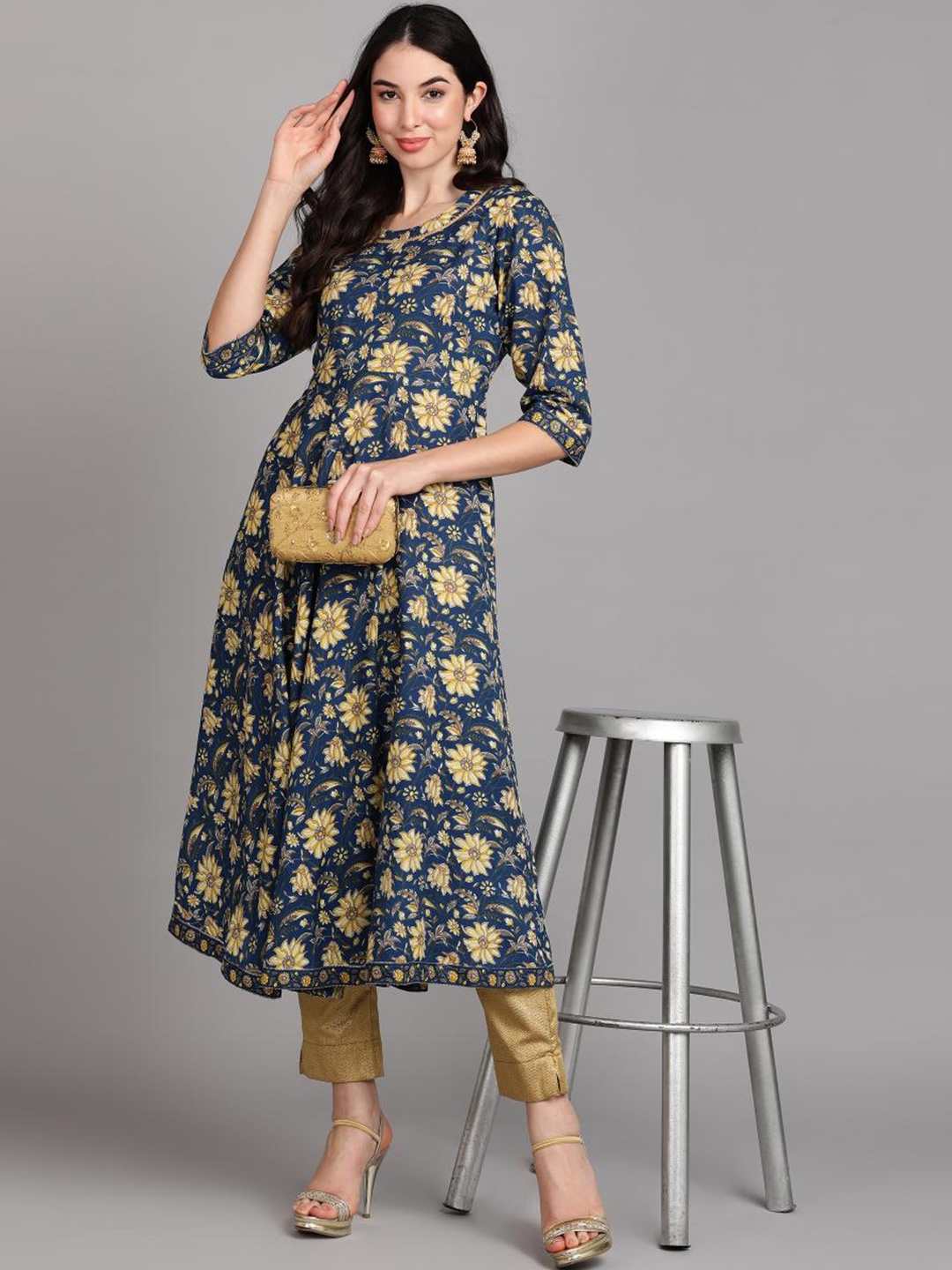 

KALINI Floral Printed Gotta Patti Round Neck Pure Cotton Anarkali Kurta, Navy blue