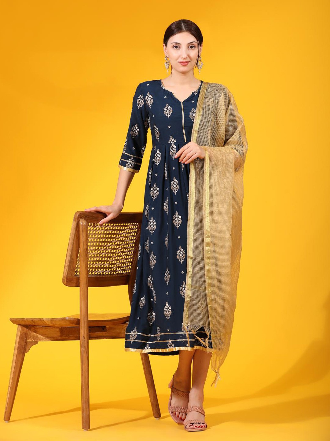 

KALINI Ethnic Motifs Printed Fit and Flare Midi Anarkali Ethnic Dress, Blue