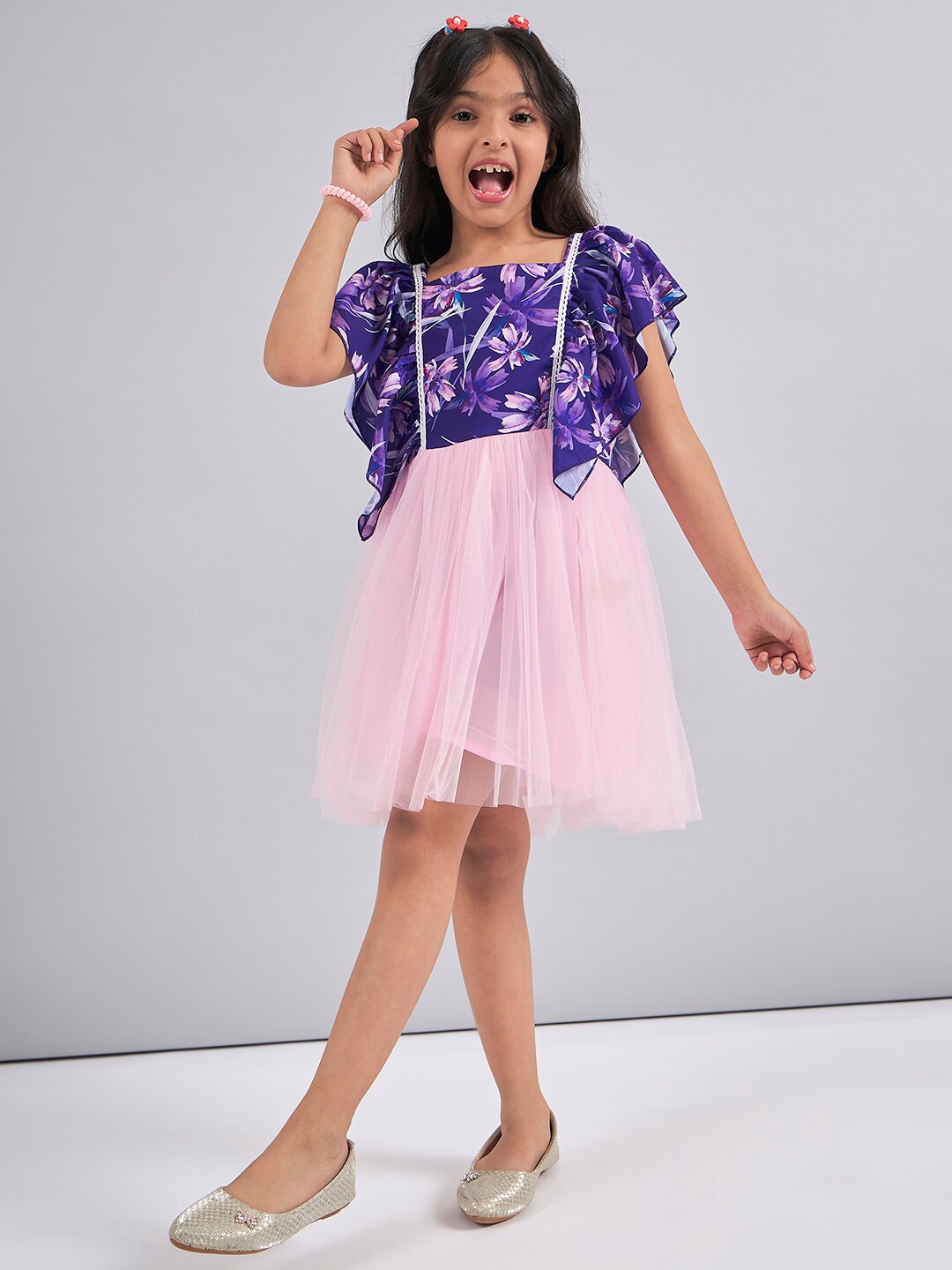 

Stylo Bug Girls Floral Printed Square Neck Flutter Sleeve Net Fit & Flare Dress, Pink