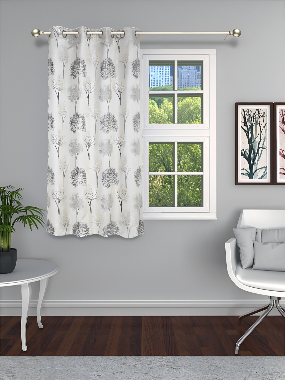 

THE CONVERSION Grey & Beige Floral Printed Room Darkening Window Curtain