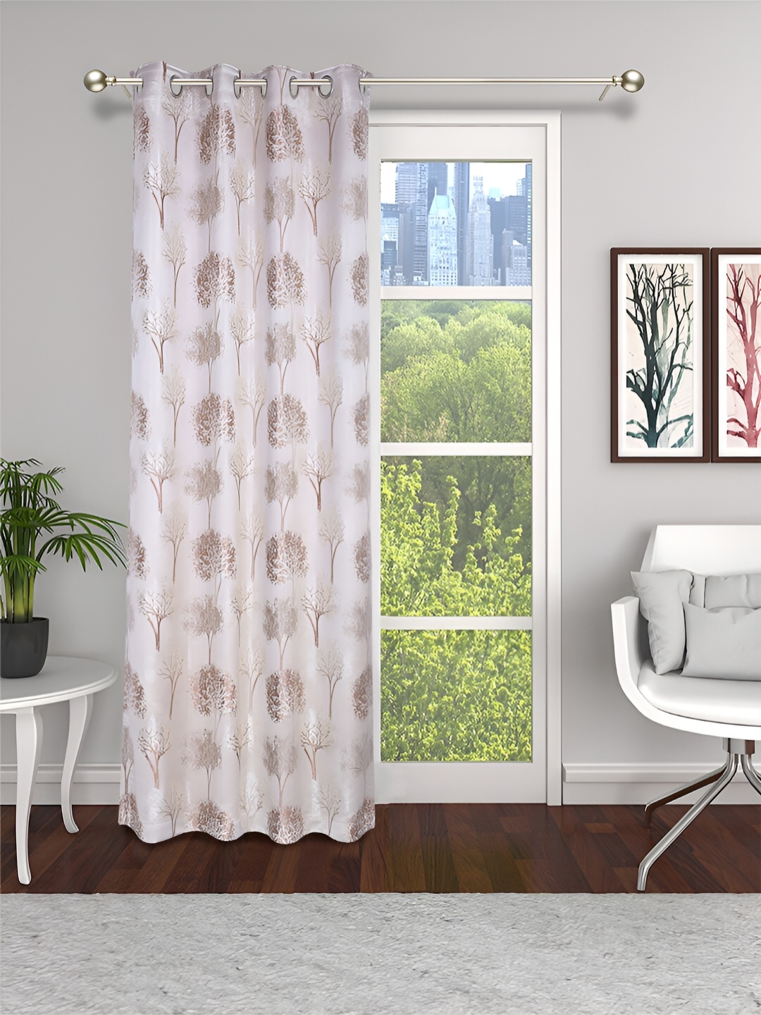 

THE CONVERSION Gold Toned & Brown Floral Printed Room Darkening Long Door Curtain