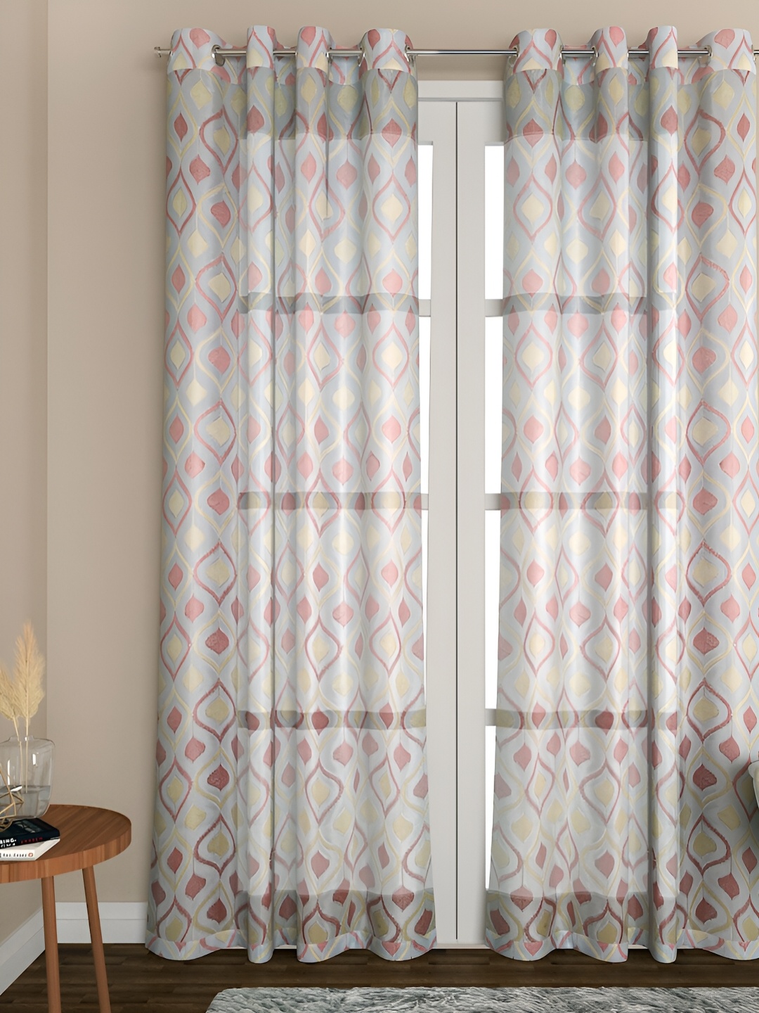 

THE CONVERSION White & Peach Embroidered Organza Sheer Long Door Curtain