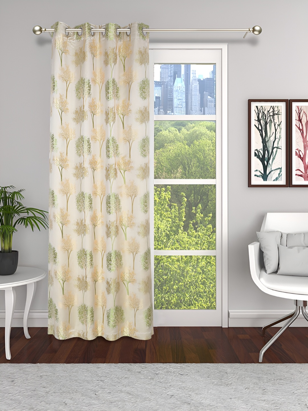 

THE CONVERSION Green & Gold Toned Floral Printed Room Darkening Long Door Curtain