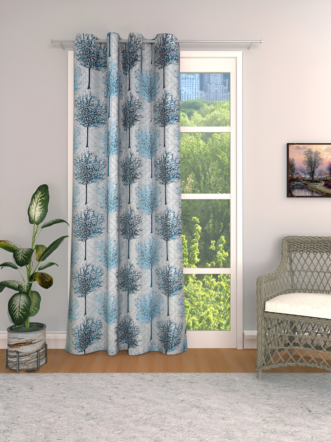 

THE CONVERSION Turquoise Blue & Grey Floral Printed Jacquard Room Darkening Door Curtain