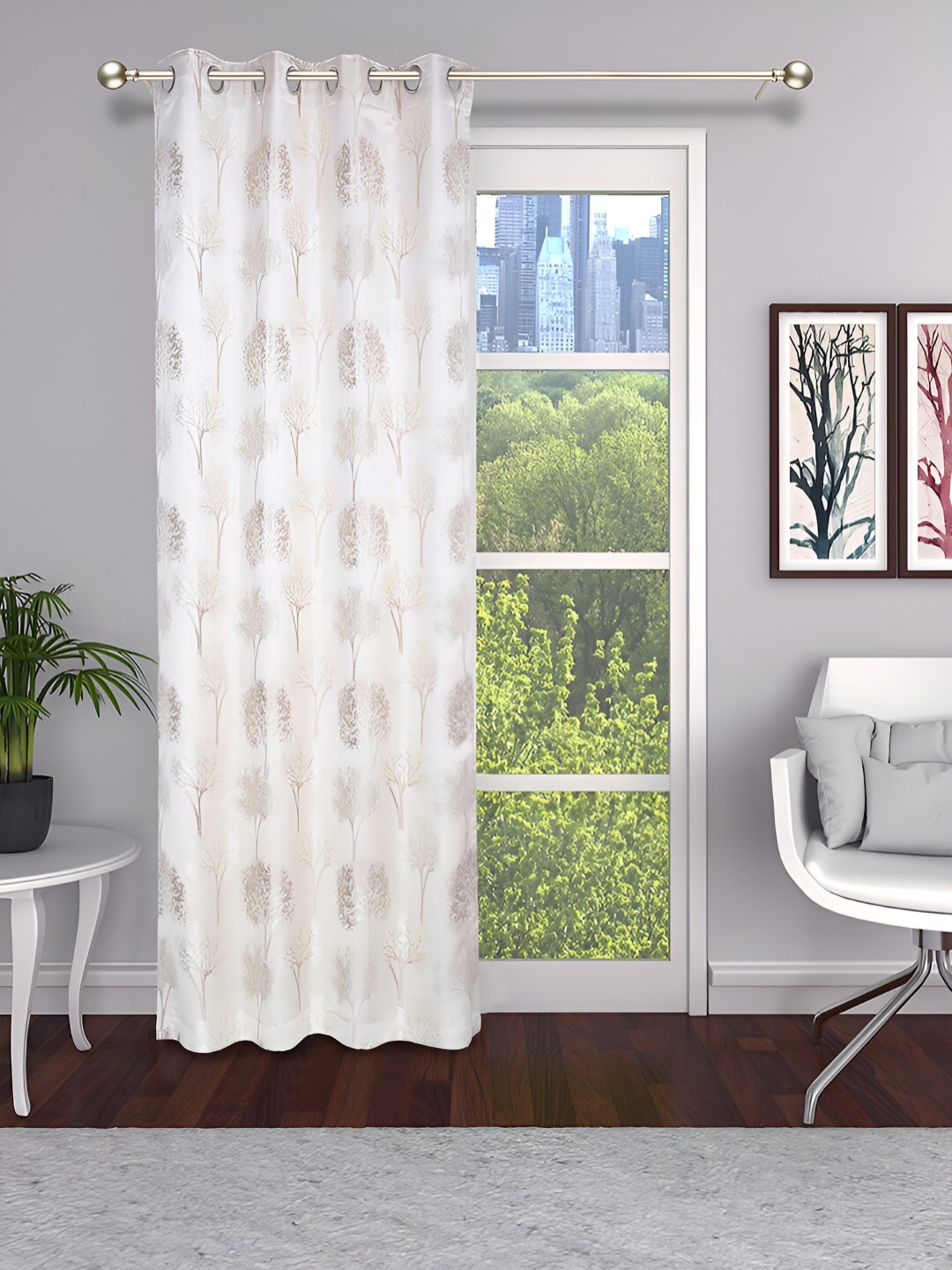 

THE CONVERSION Beige & White Floral Printed Room Darkening Long Door Curtain