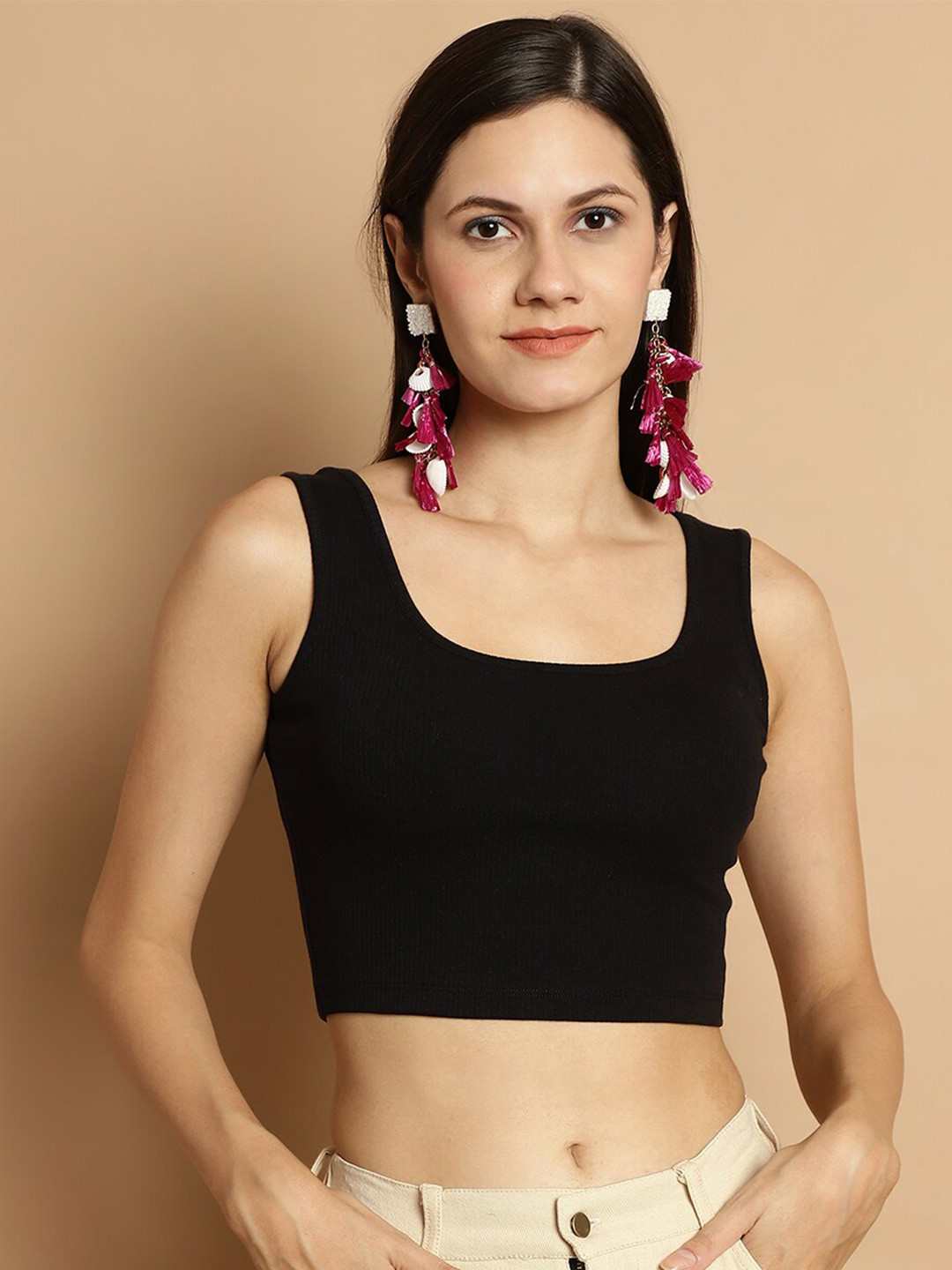 

DOOR74 Scoop Neck Sleeveless Cotton Bralette Crop Top, Black