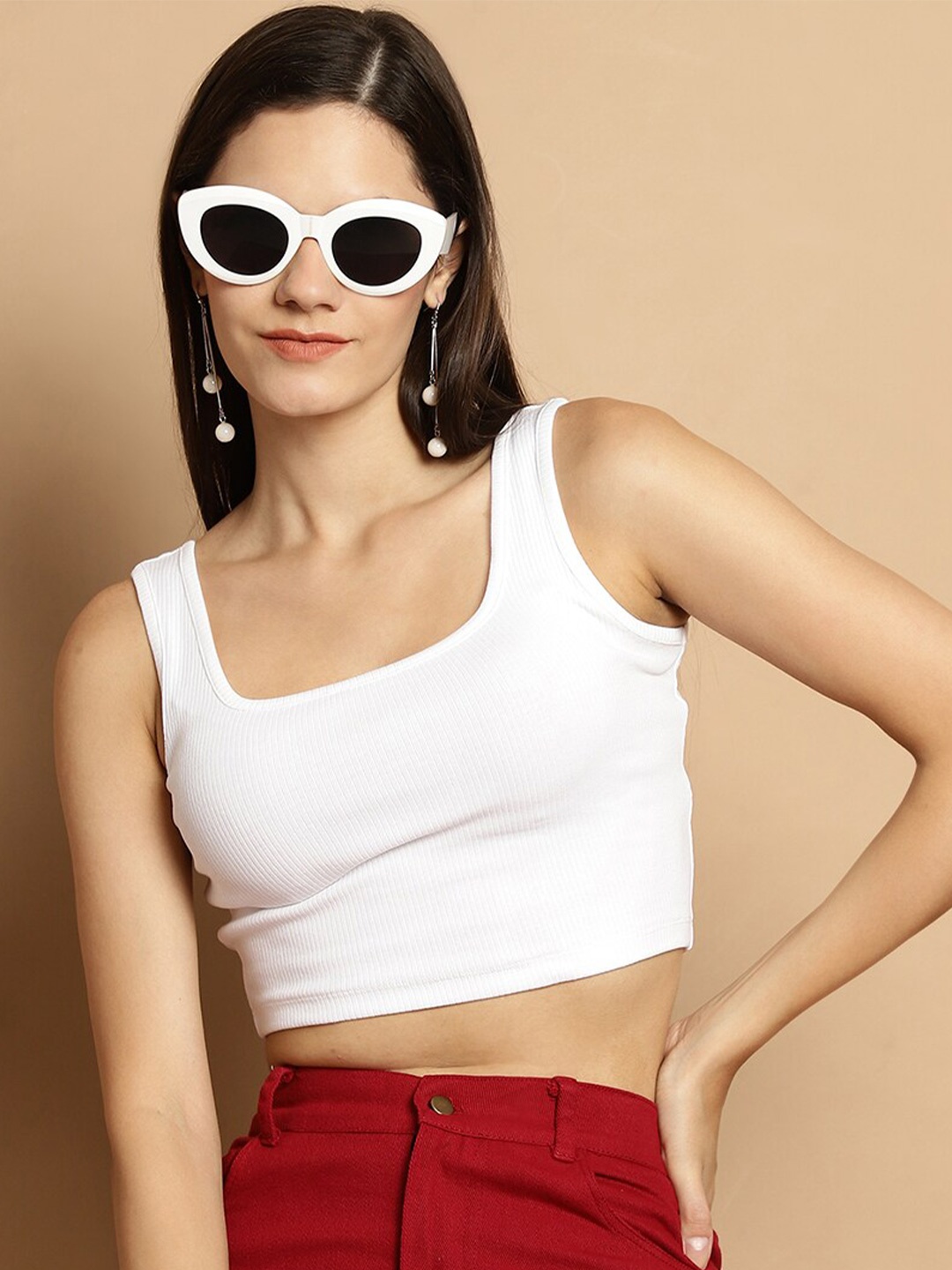 

DOOR74 Scoop Neck Sleeveless Cotton Bralette Crop Top, White