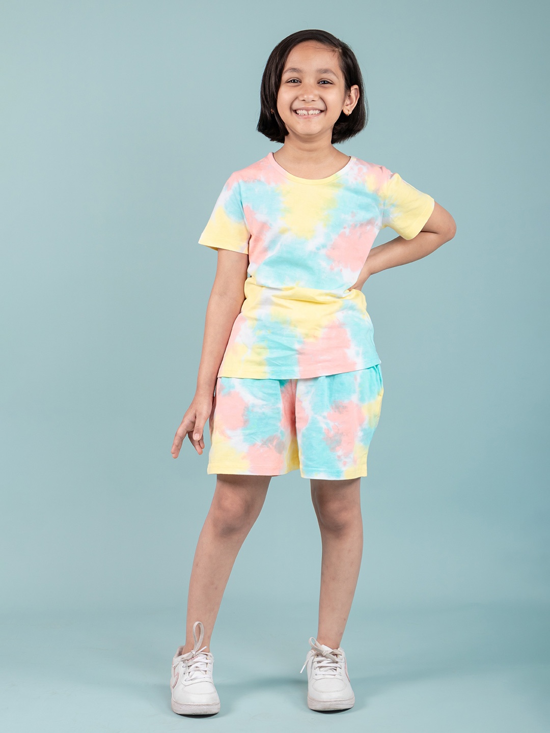 

TWEENY MINI Girls Tie & Dye Dyed Pure Cotton T-ShIrt & Shorts, Yellow