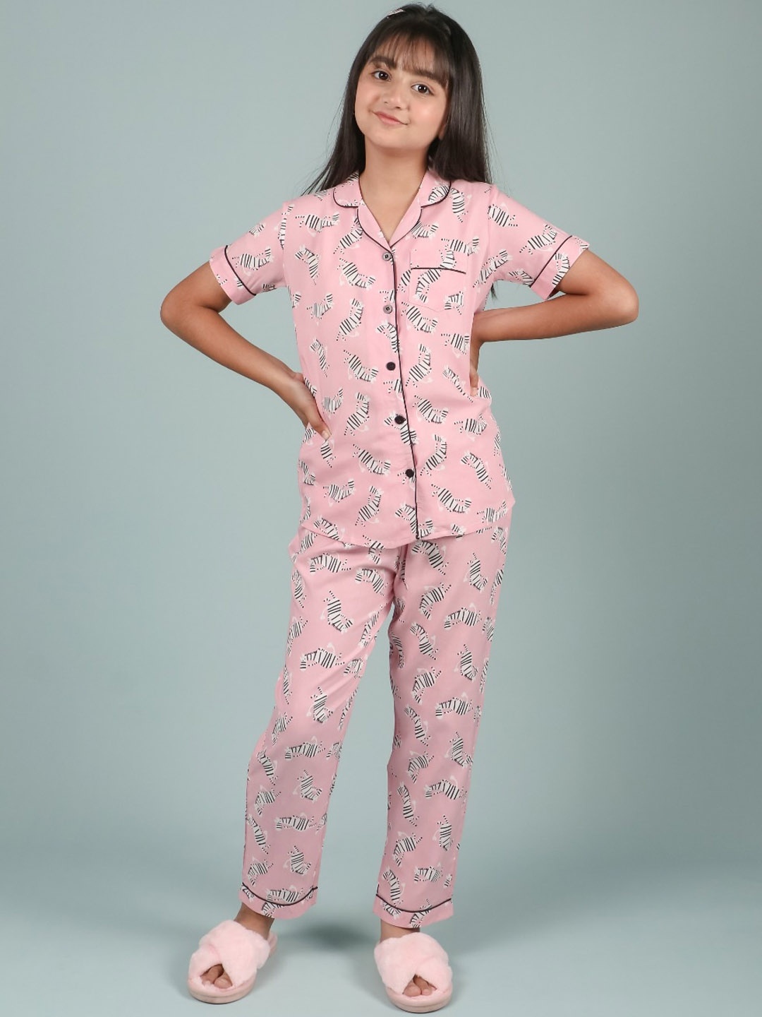 

TWEENY MINI Girls Graphic Printed Lapel Collar Shirt & Pyjama, Pink