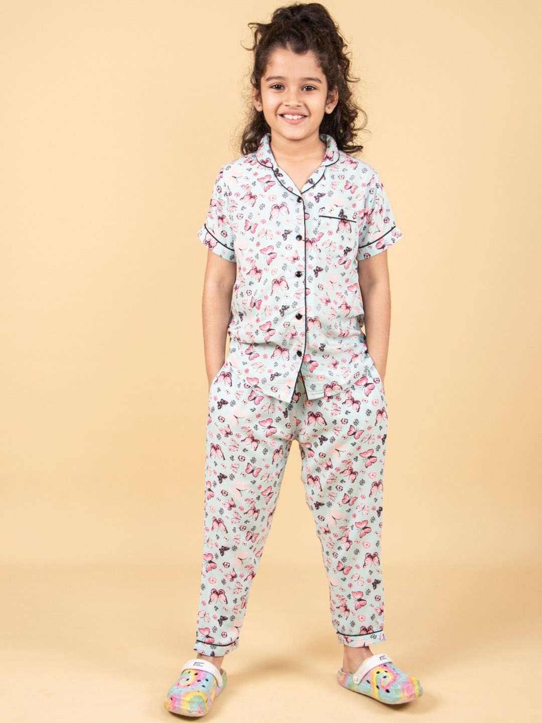 

TWEENY MINI Girls Graphic Printed Lapel Collar Shirt & Pyjama, Blue