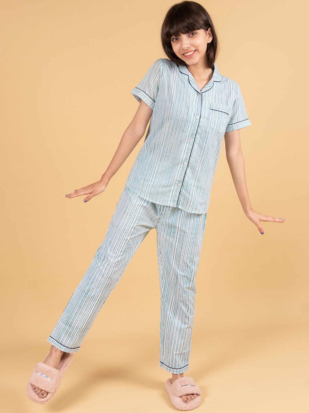 

TWEENY MINI Girls Vertical Striped Lapel Collar Pure Cotton Shirt & Pyjama, Blue