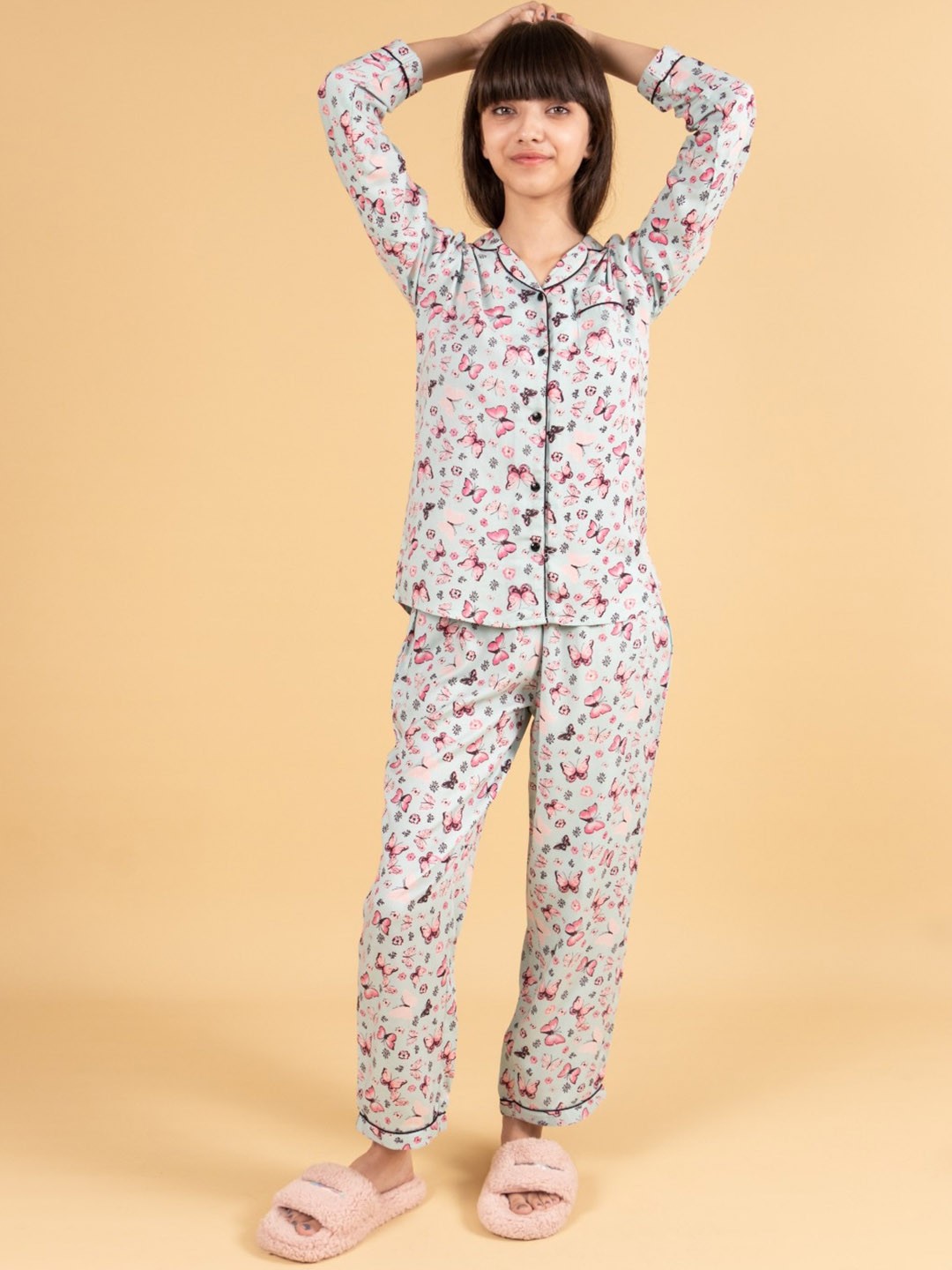 

TWEENY MINI Girls Graphic Printed Lapel Collar Shirt & Pyjama, Blue