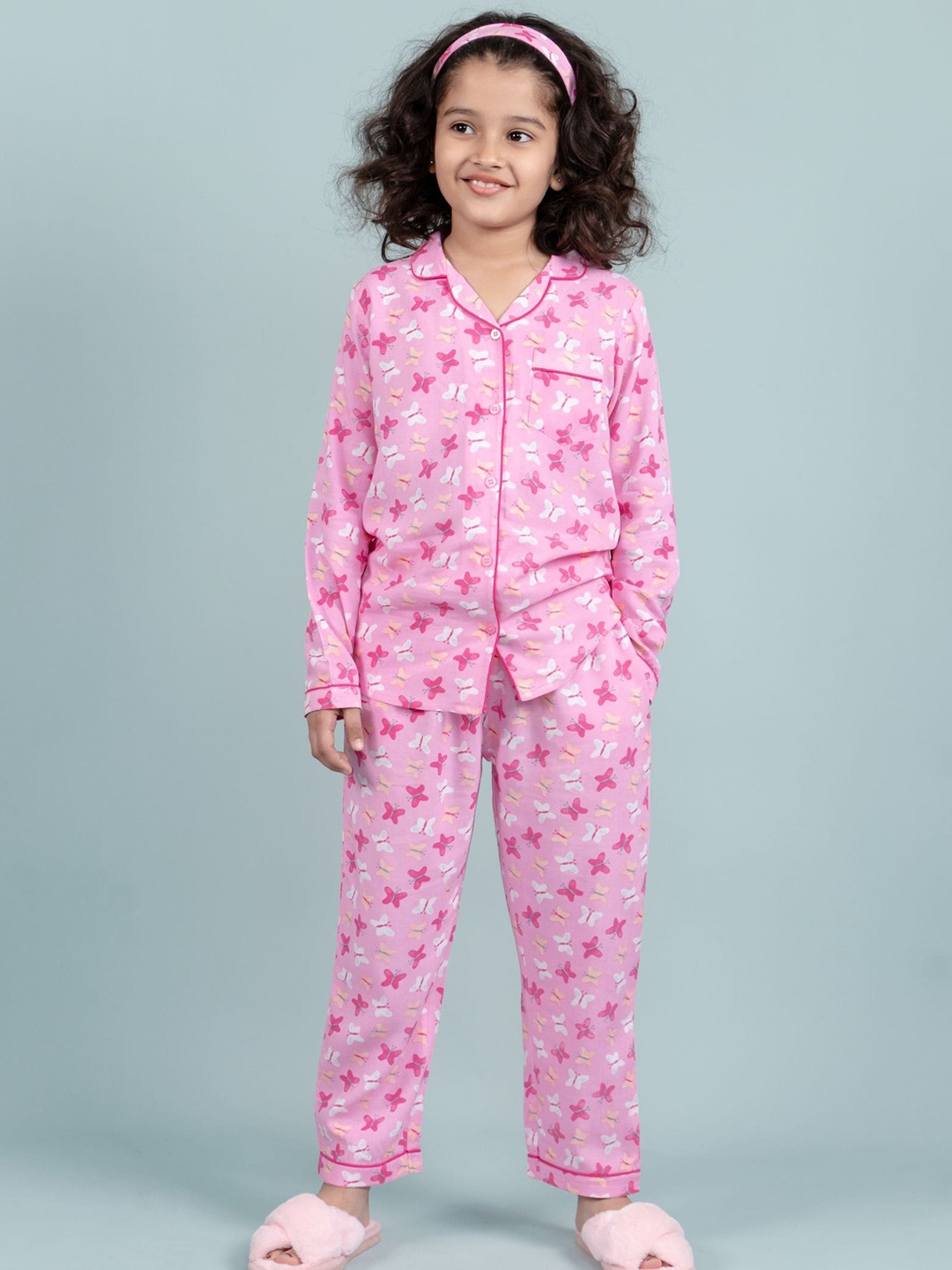 

TWEENY MINI Girls Graphic Printed Lapel Collar Shirt & Pyjama, Pink