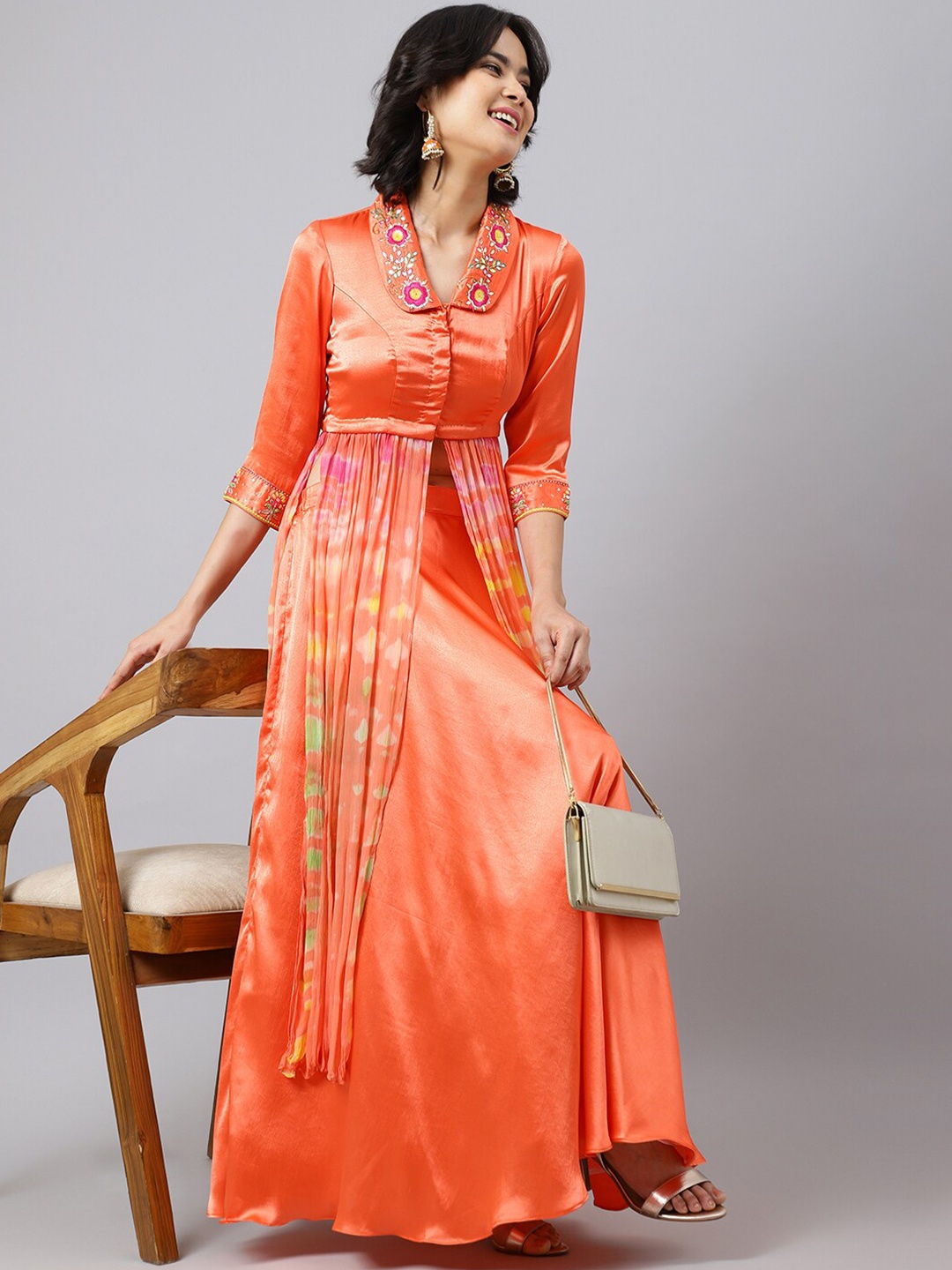 

Khushal K Embroidered Sequinned Ready to Wear Lehenga & Shirt Collar Choli, Orange