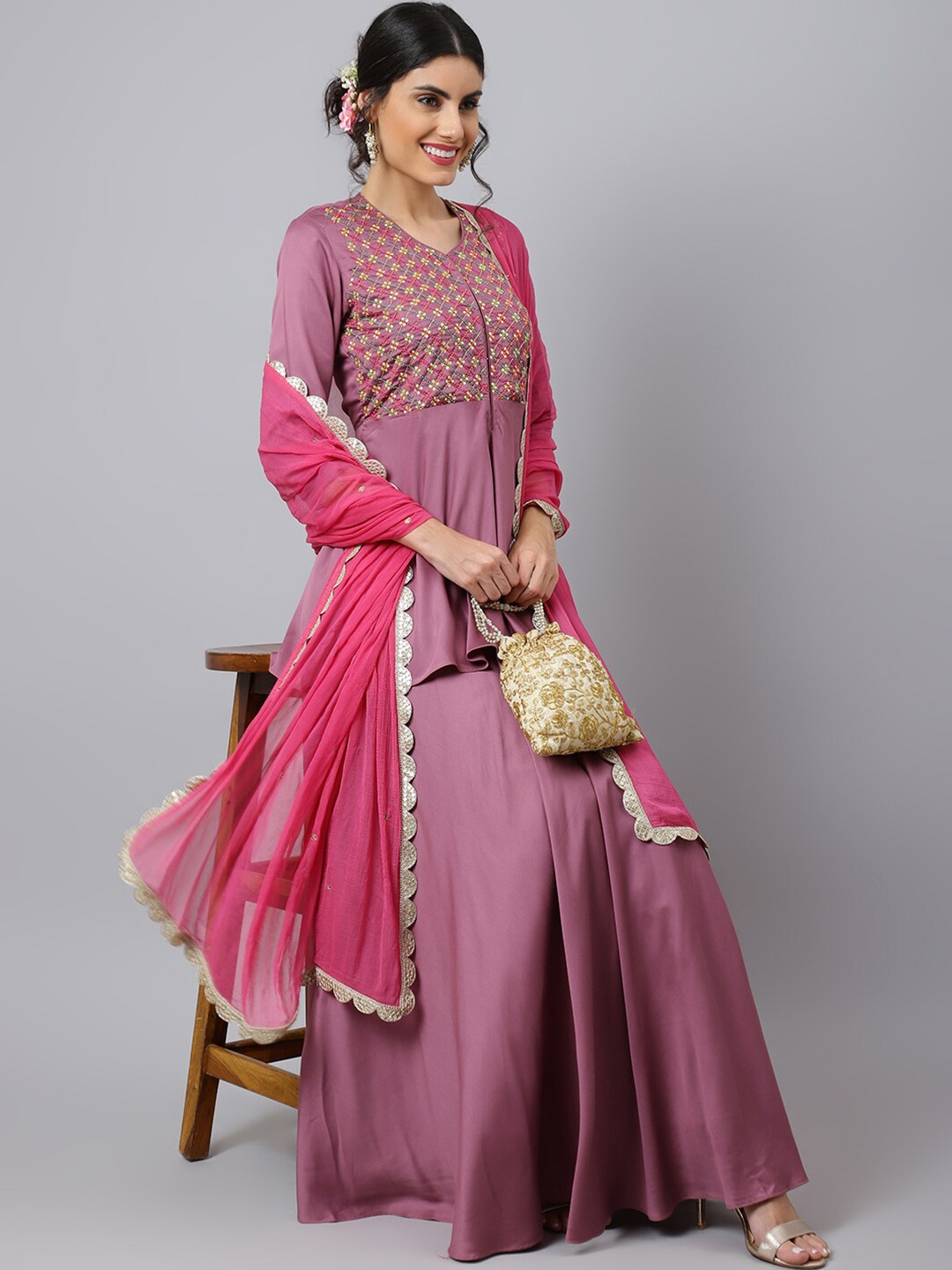

Khushal K Embroidered Thread Work Ready To Wear Lehenga & Blouse With Dupatta, Pink