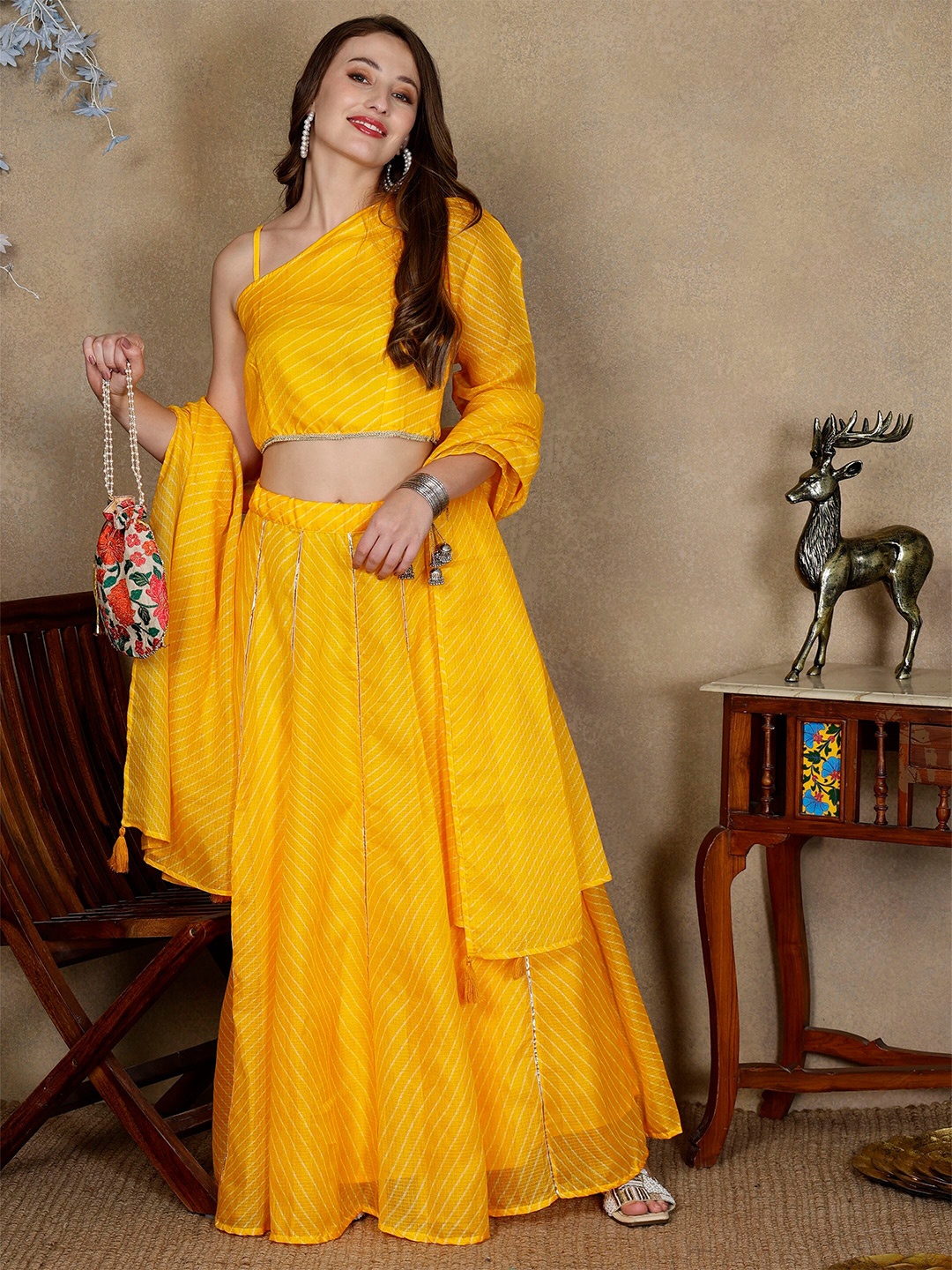 

NEUDIS Striped One Shoulder Ready to Wear Lehenga & Blouse With Dupatta, Yellow