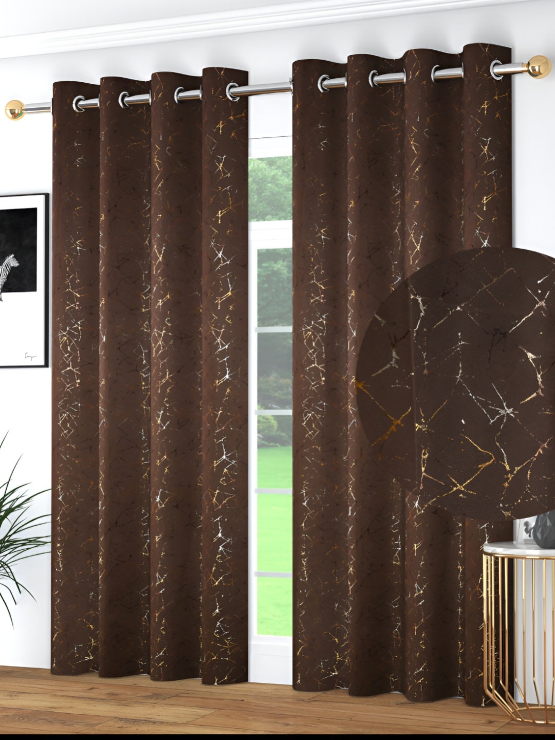 

JUBILANT HOME FASHION Coffee Brown & Gold-Toned 2 Pieces Black Out Window Curtain