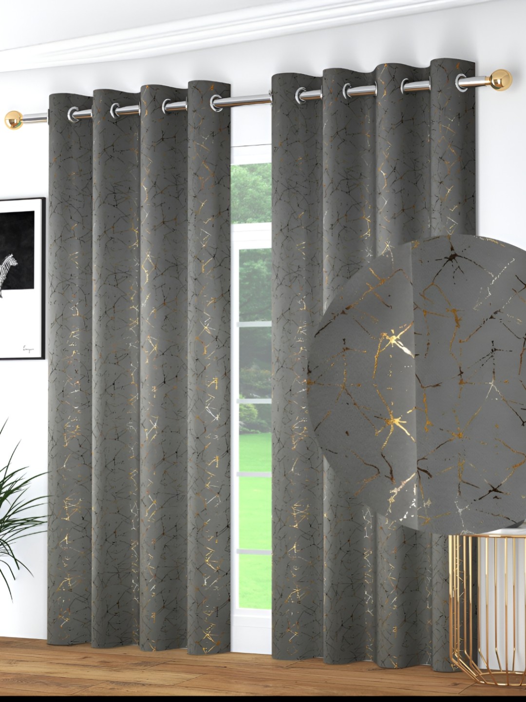 

JUBILANT HOME FASHION Grey & Gold-Toned 2 Pieces Black Out Window Curtain