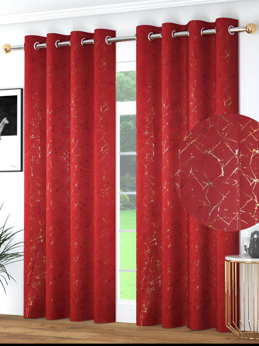 

JUBILANT HOME FASHION Red & Gold-Toned 2 Pieces Black Out Door Curtain