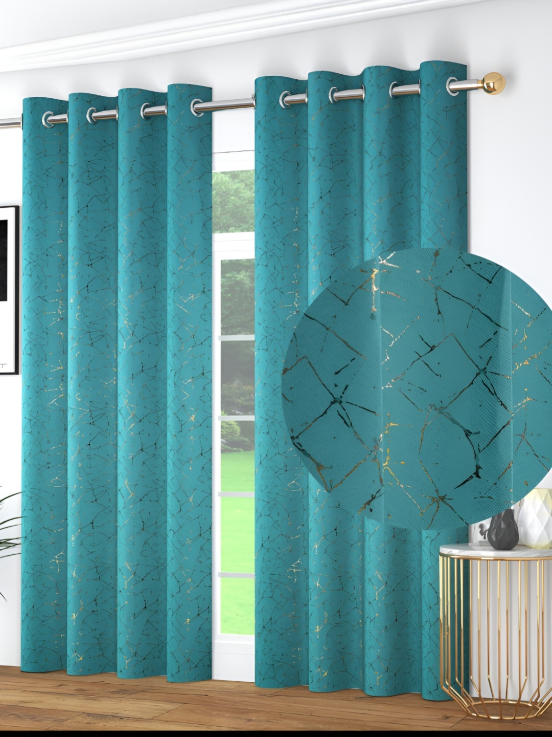 

JUBILANT HOME FASHION Turquoise Blue & Gold-Toned 2 Pieces Black Out Door Curtain