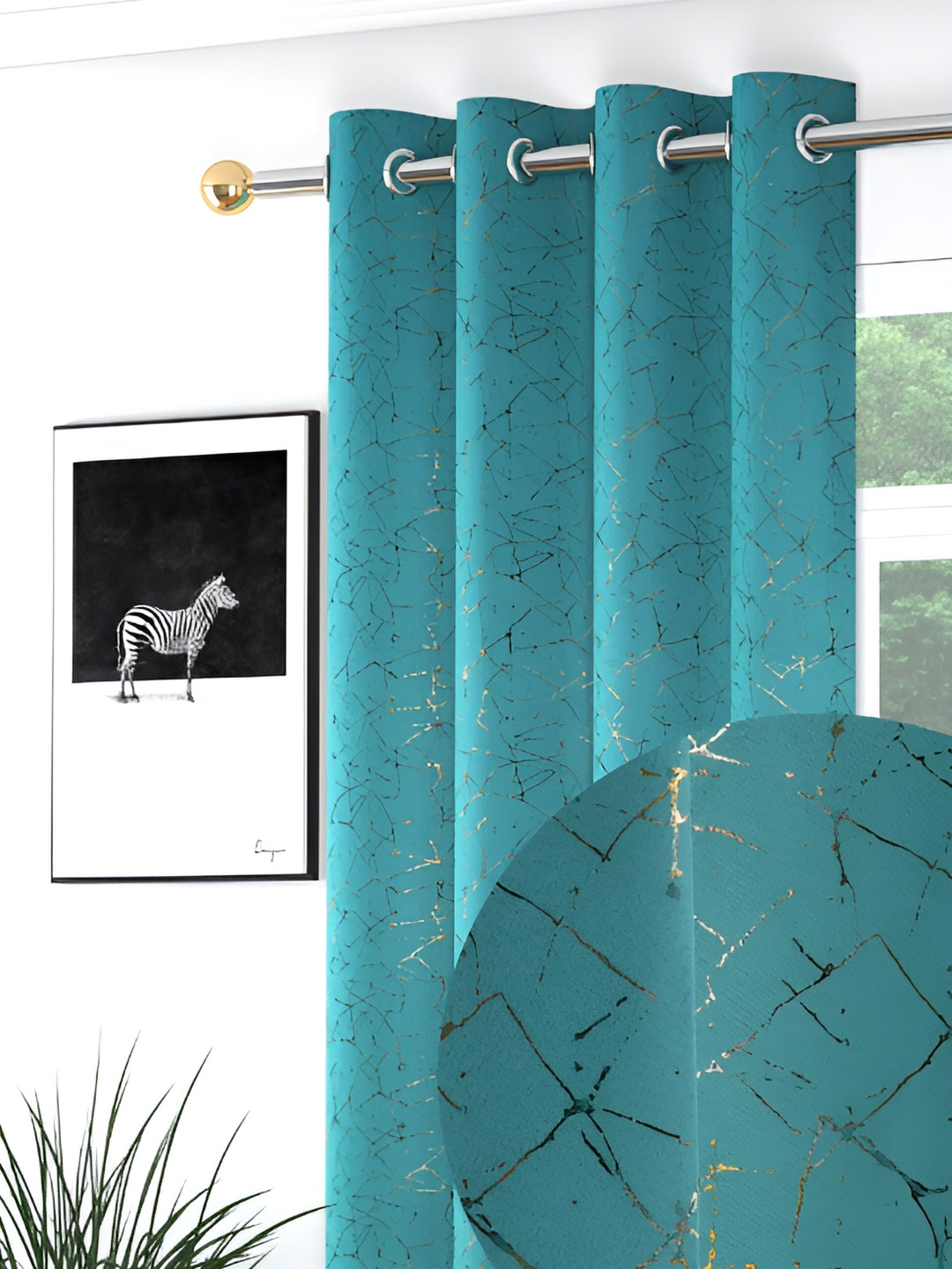 

JUBILANT HOME FASHION Turquoise Blue & Gold-Toned Black Out Long Door Curtain