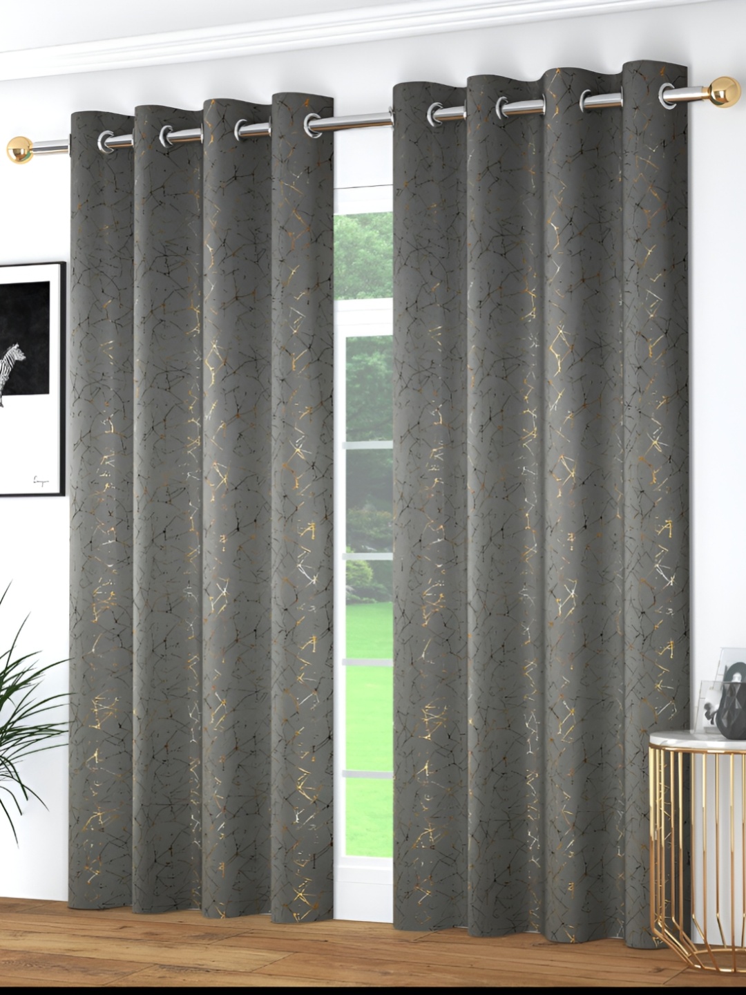

JUBILANT HOME FASHION Grey & Gold-Toned 2 Pieces Black Out Door Curtain