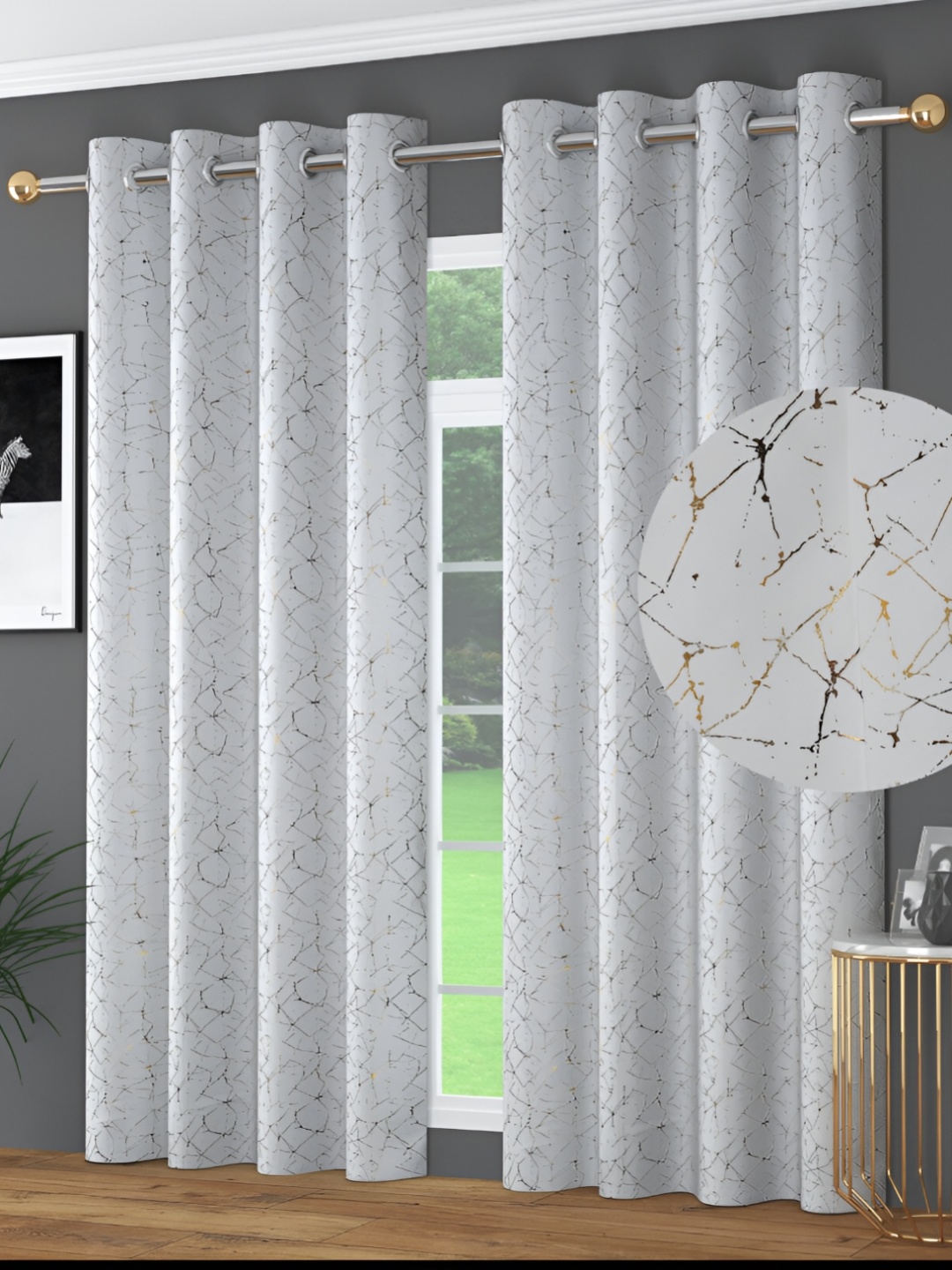 

JUBILANT HOME FASHION White & Gold-Toned 2 Pieces Black Out Long Door Curtain