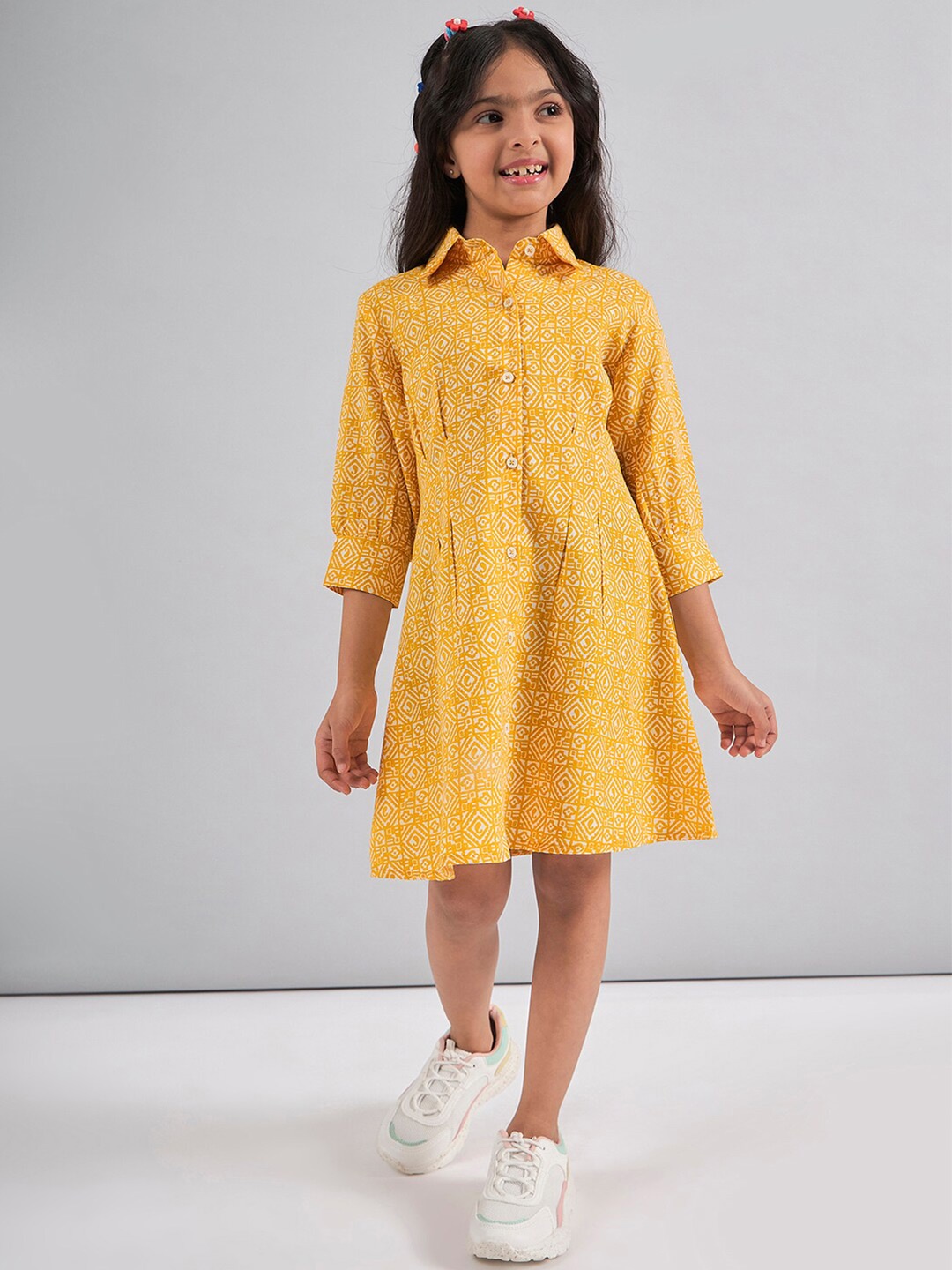 

Stylo Bug Girls Ethnic Motifs Printed Cuffed Sleeves Shirt Style Dress, Yellow