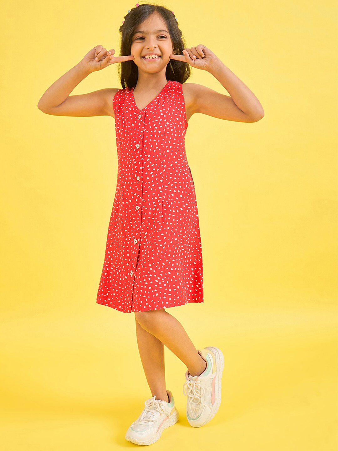 

Stylo Bug Girls Abstract Printed V-Neck A-Line Dress, Red