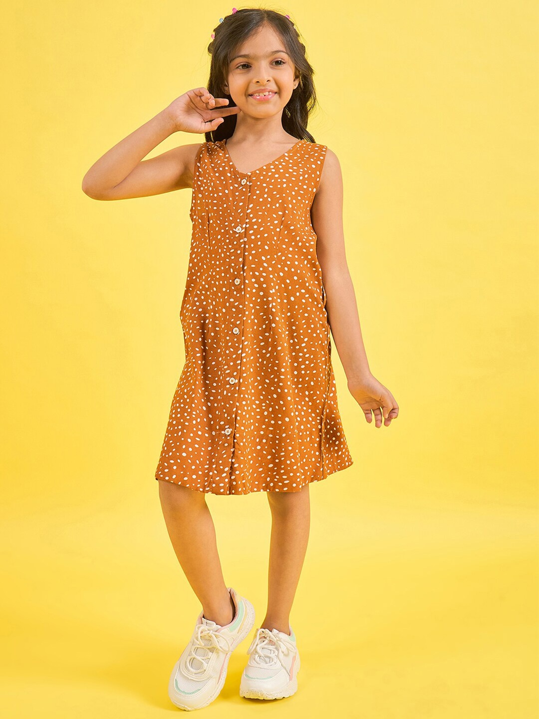 

Stylo Bug Girls Polka Dot Printed V-Neck Sleeveless A-Line Dress, Orange