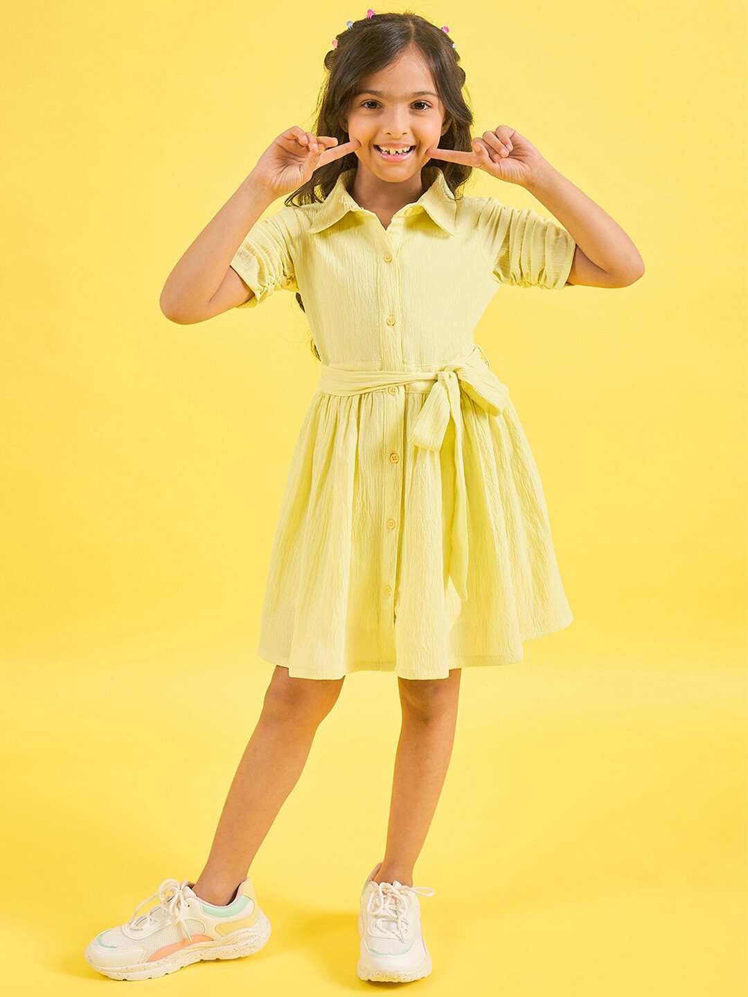 

Stylo Bug Girls Self Design Shirt Collar Puff Sleeves Gathered Crepe A-Line Dress, Yellow