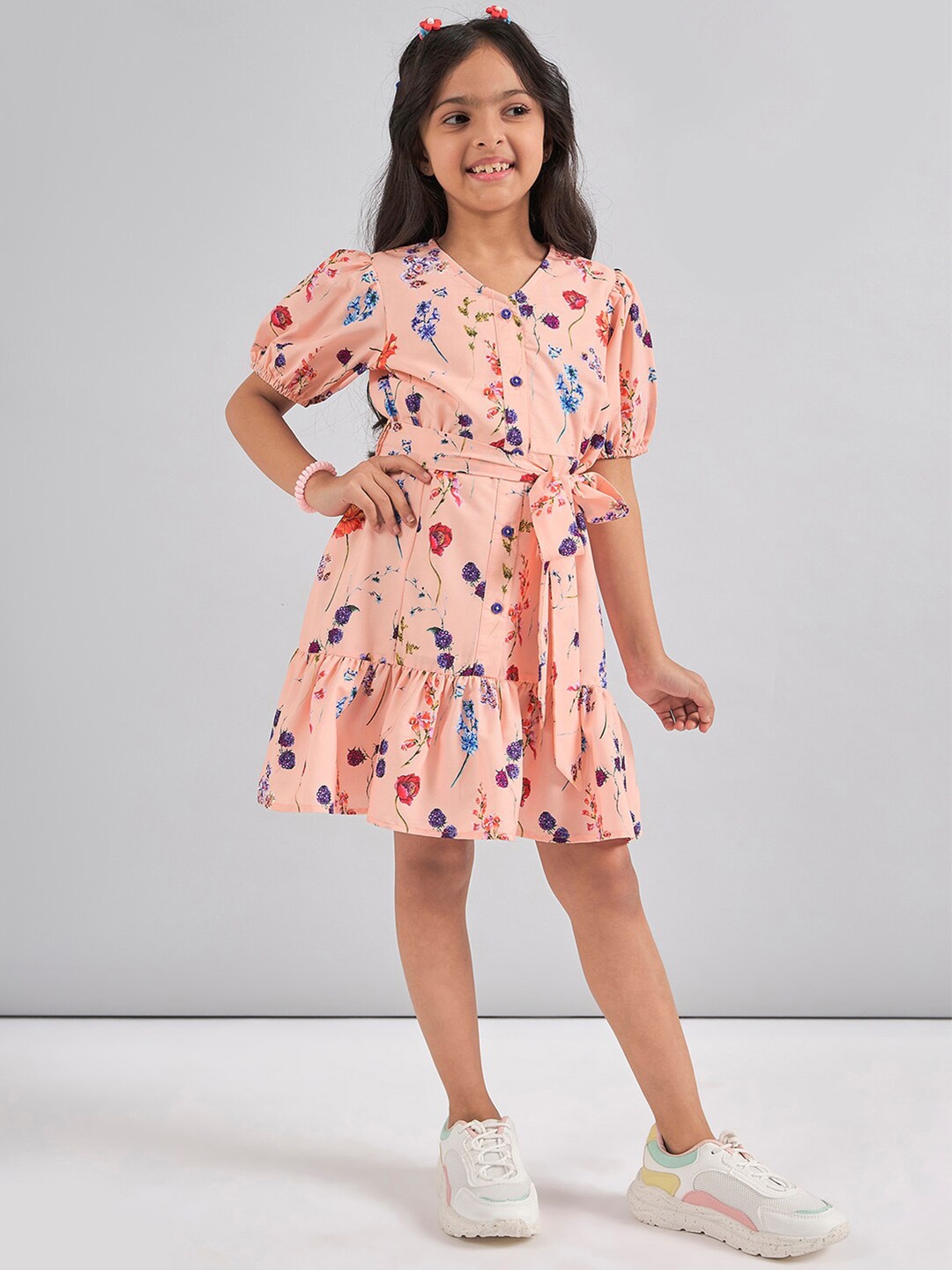 

Stylo Bug Girls Floral Printed Tie-Up Neck Puff Sleeve Crepe Fit & Flare Dress, Peach