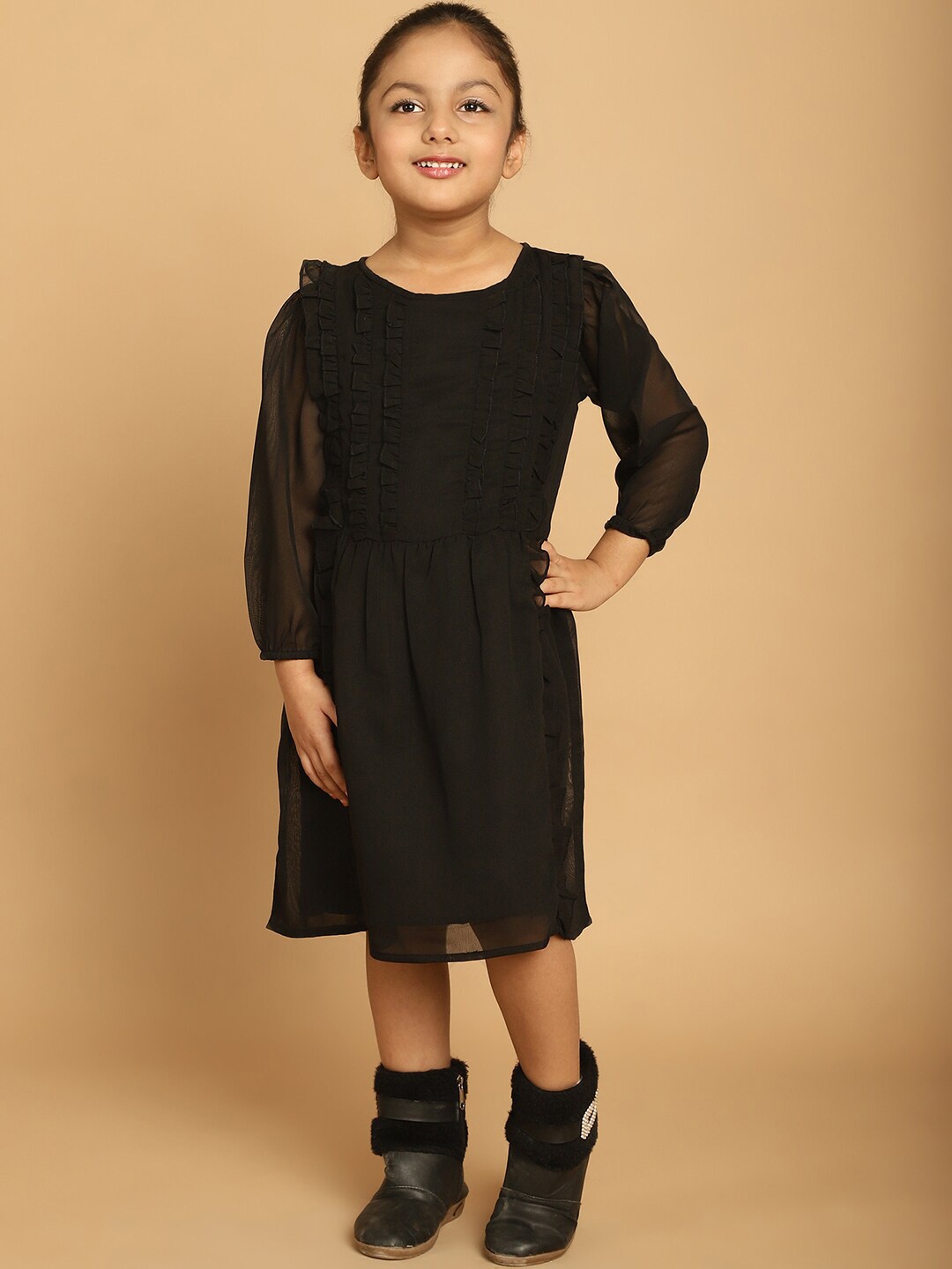 

MINI & MING Girls Self Design Round Neck Puff Sleeve Georgette A-Line Dress, Black