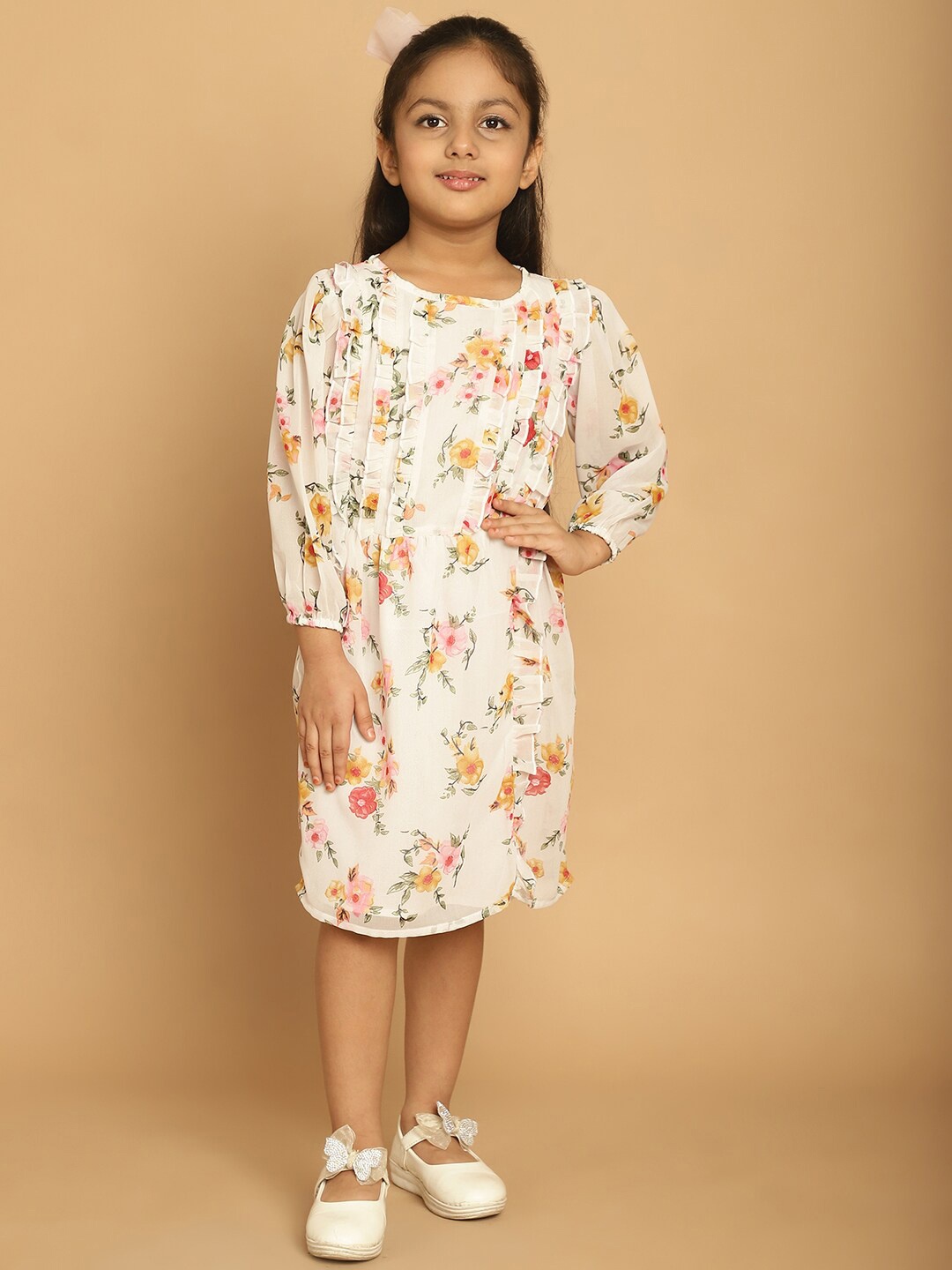 

MINI & MING Girls Floral Printed Pleated Georgette A-Line Dress, Off white
