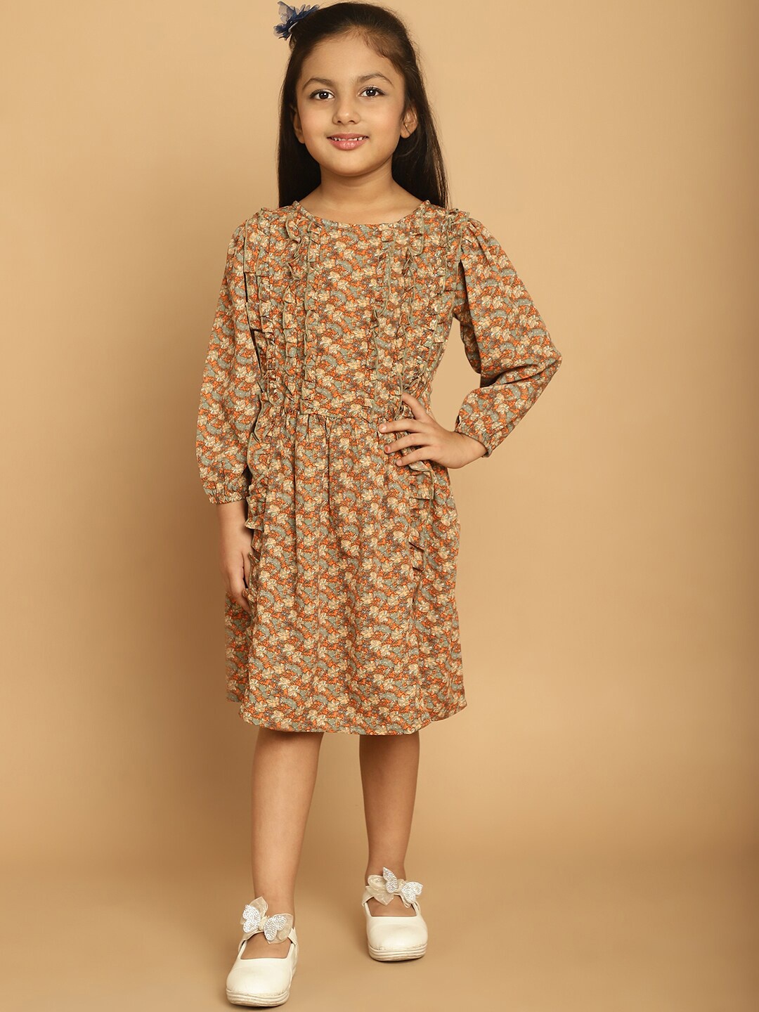 

MINI & MING Girls Floral Printed Puff Sleeves Ruffled Fit & Flare Dress, Beige