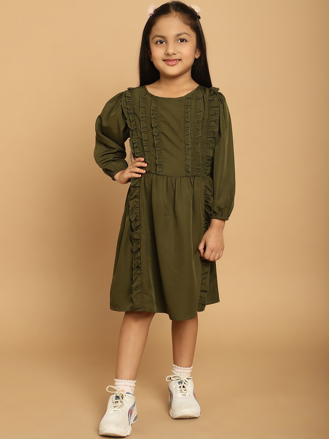 

MINI & MING Girls Self Design Round Neck Knee Length Crepe A-Line Dress, Olive