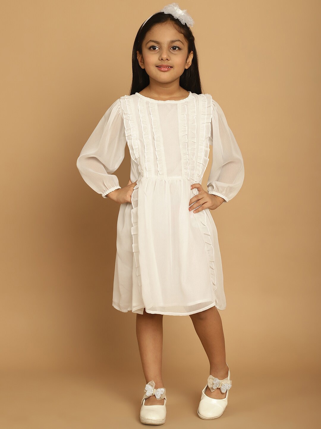 

MINI & MING Girls Self Design Round Neck Georgette A-Line Dress, White