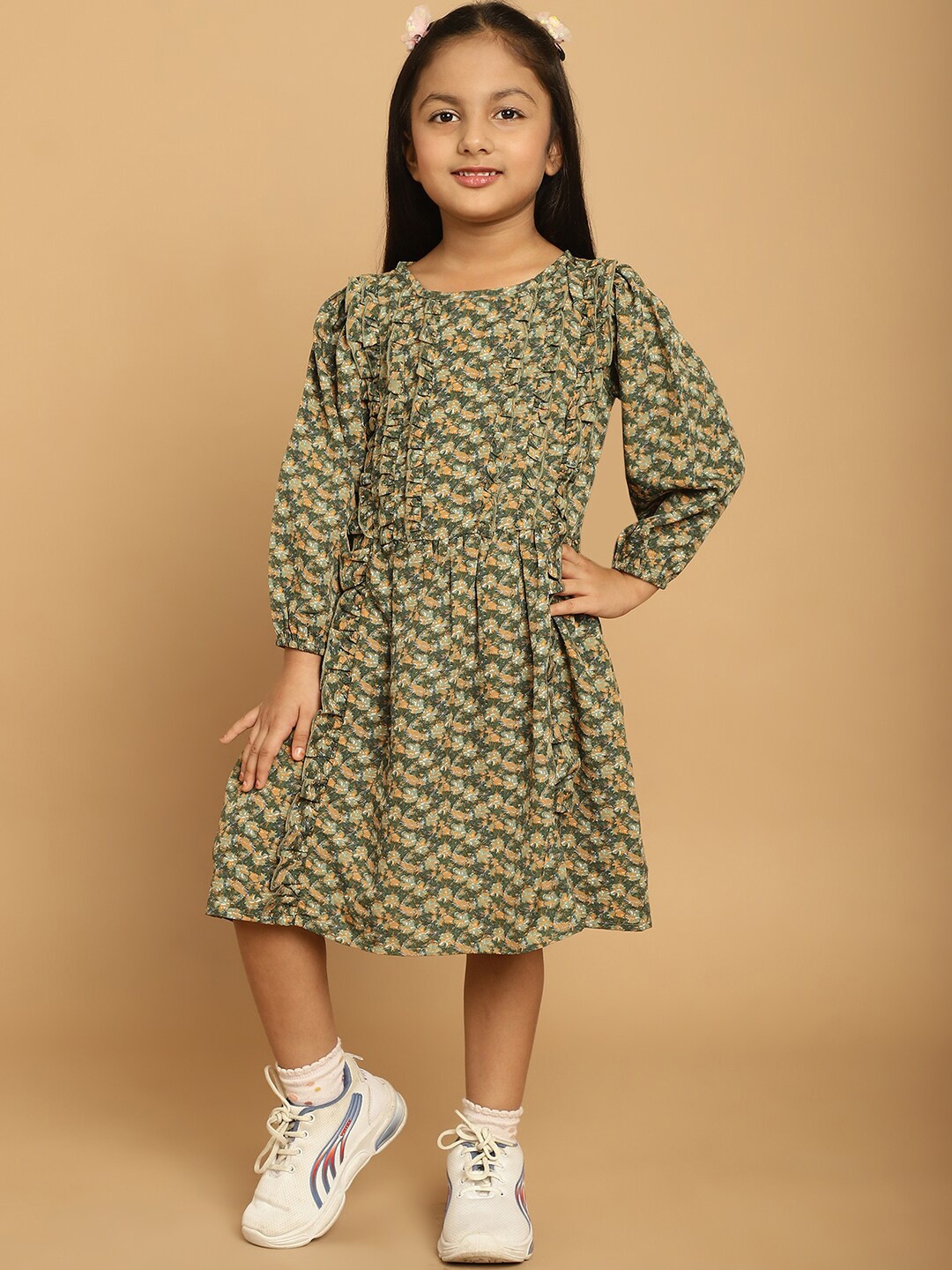 

MINI & MING Girls Floral Printed Puff Sleeve Crepe Fit & Flare Dress, Green