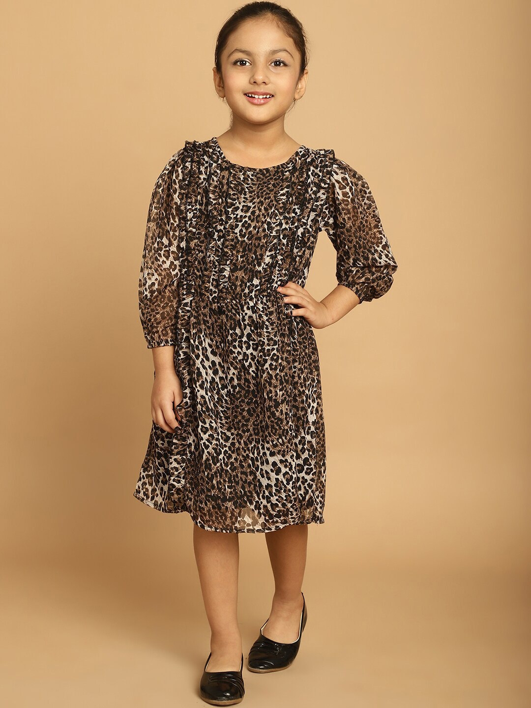 

MINI & MING Girls Animal Printed Puff Sleeve Georgette A-Line Dress, Black
