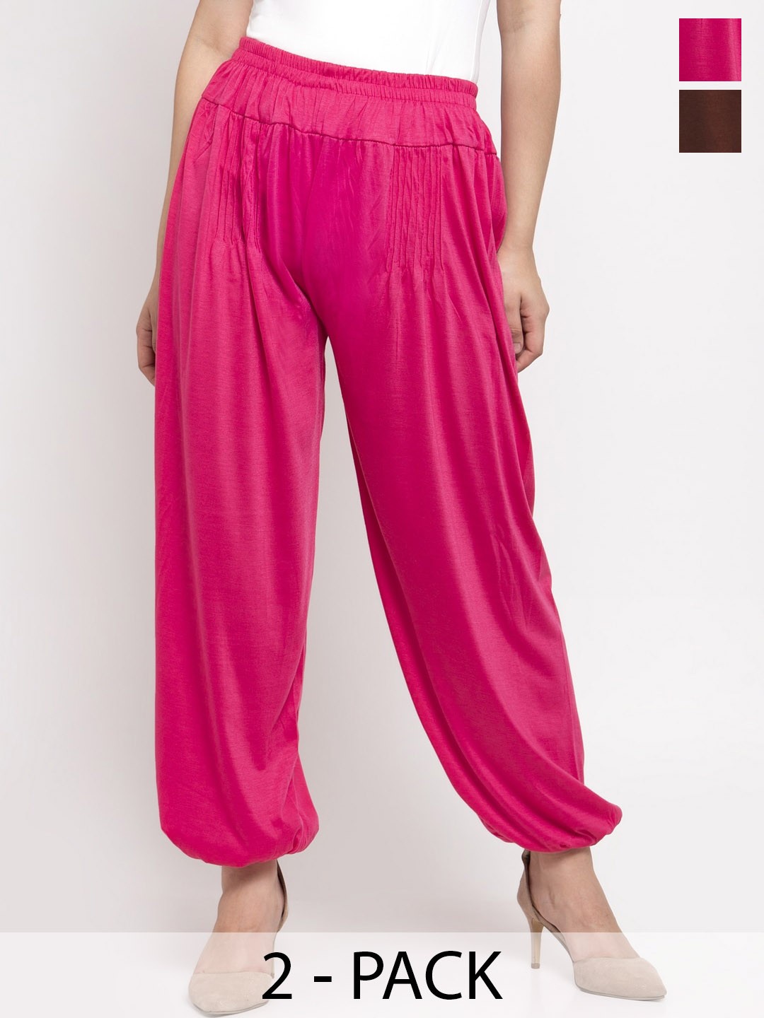 

Jinfo Women Pack Of 2 Solid Pleated Loose Fit Mid-Rise Harem Pants, Pink