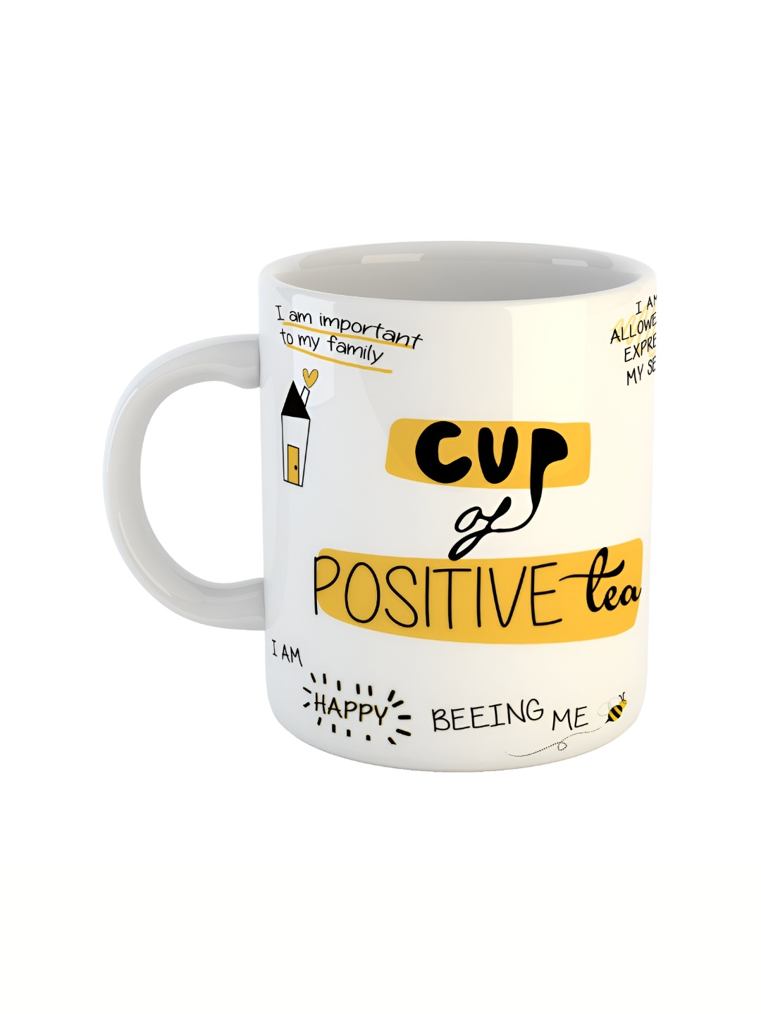 

ARTBUG White Yellow Typography Printed Ceramic Glossy Mug 350 ml